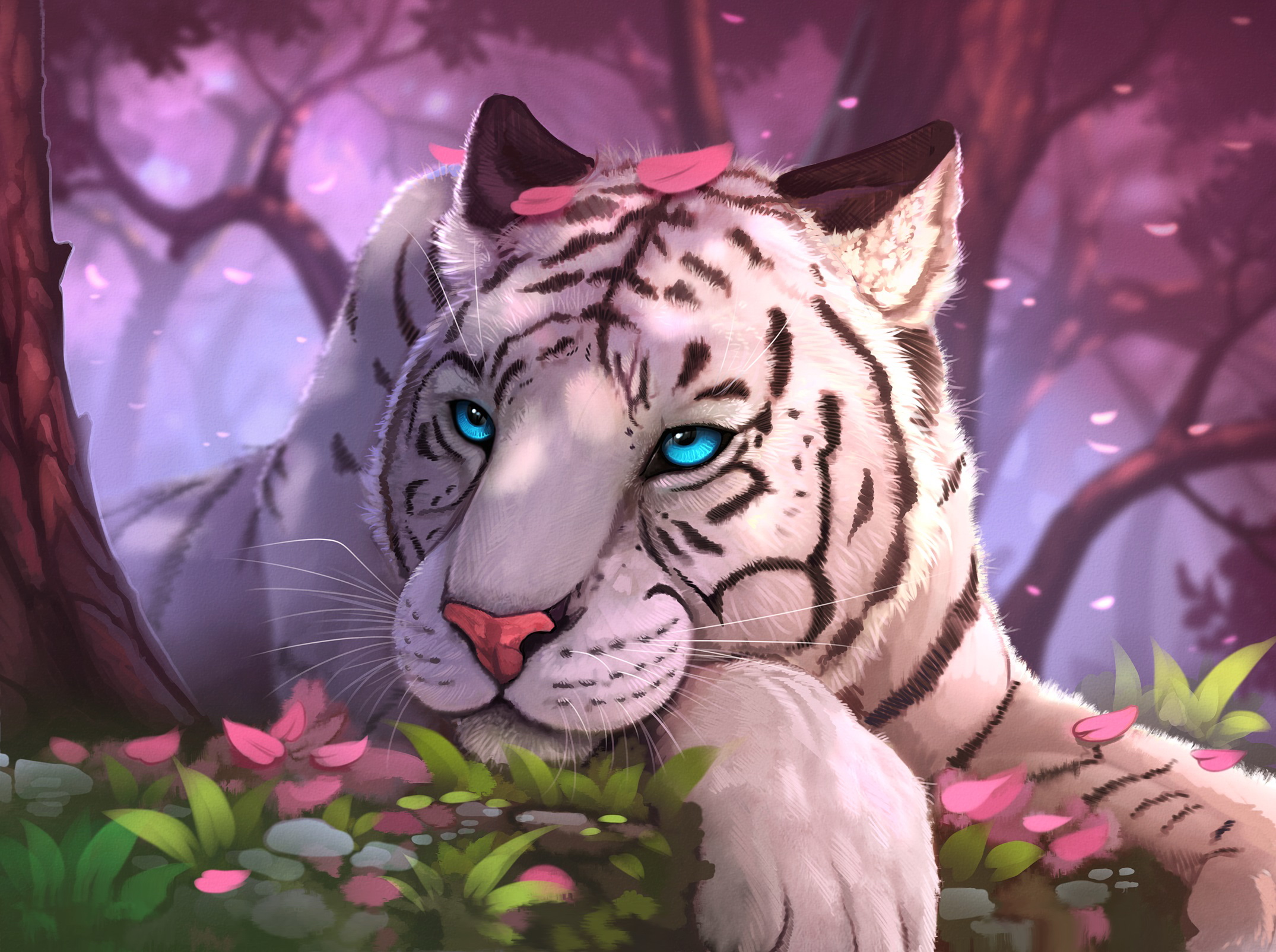 Laden Sie das Fantasie, Tiger, Blütenblatt, Weißer Tiger, Blaue Augen, Fantasietiere-Bild kostenlos auf Ihren PC-Desktop herunter