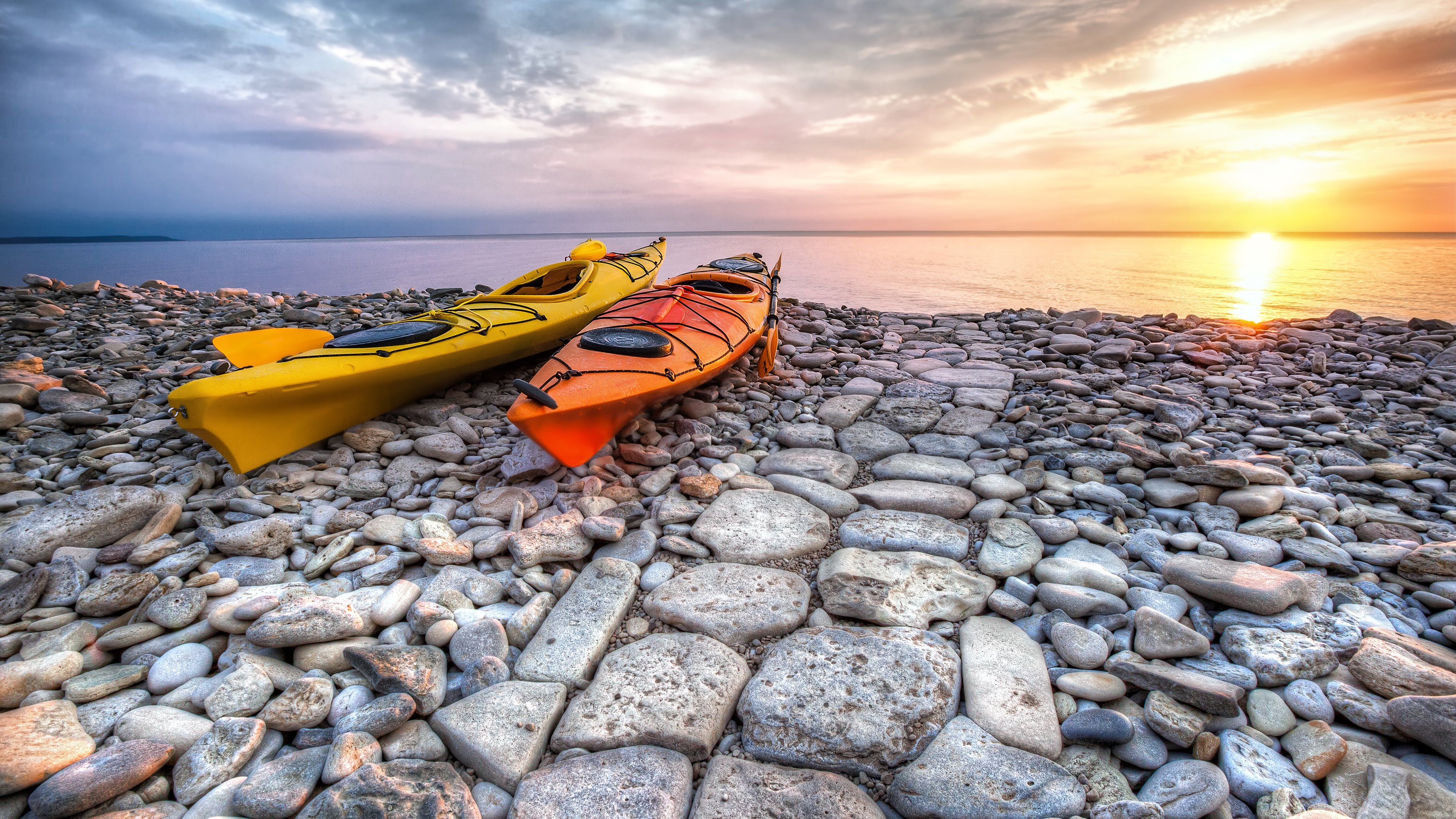 kayak, vehicles, horizon, stone, sunset