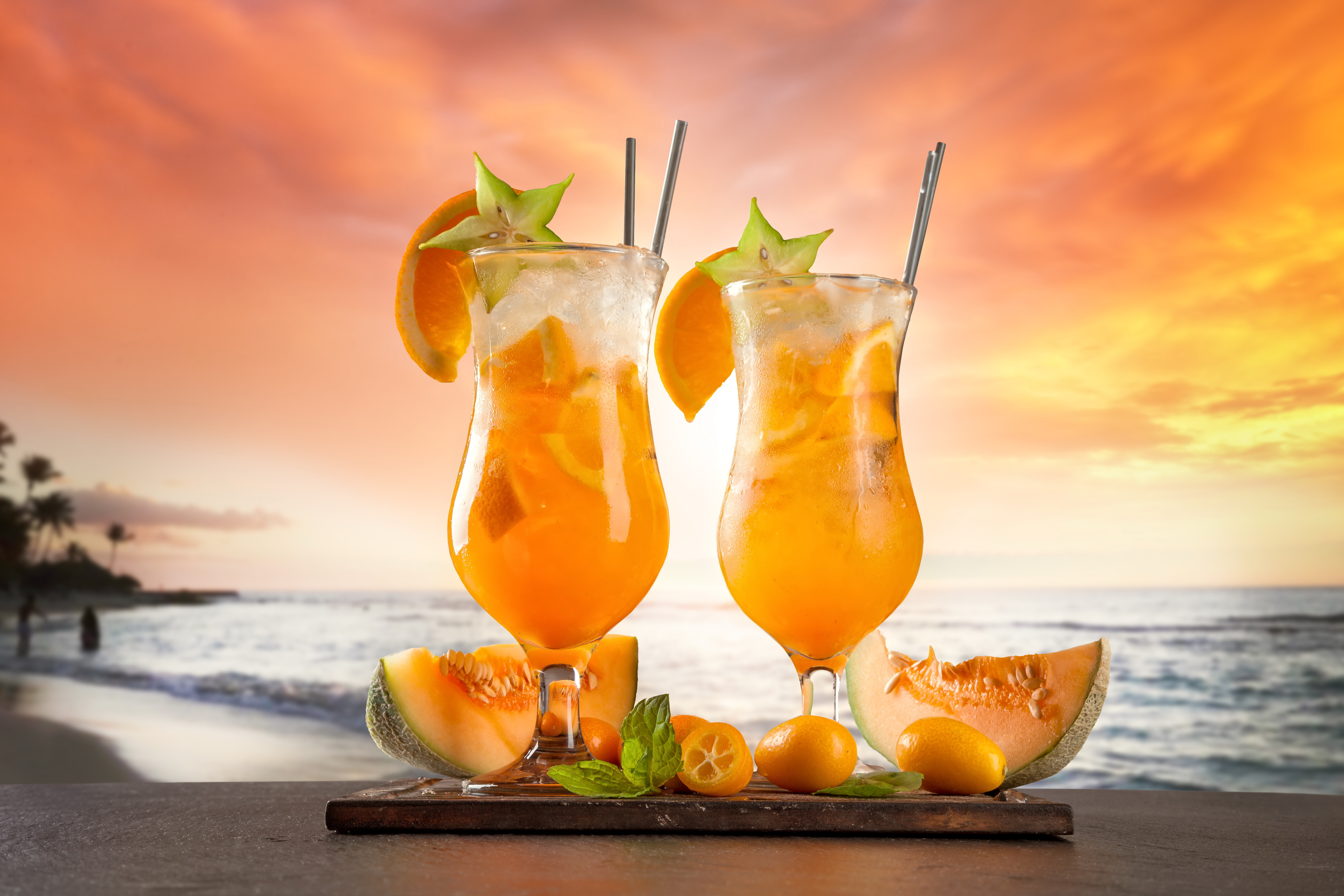 glass, food, cocktail, drink, fruit, horizon, melon, ocean, sunset, tropical