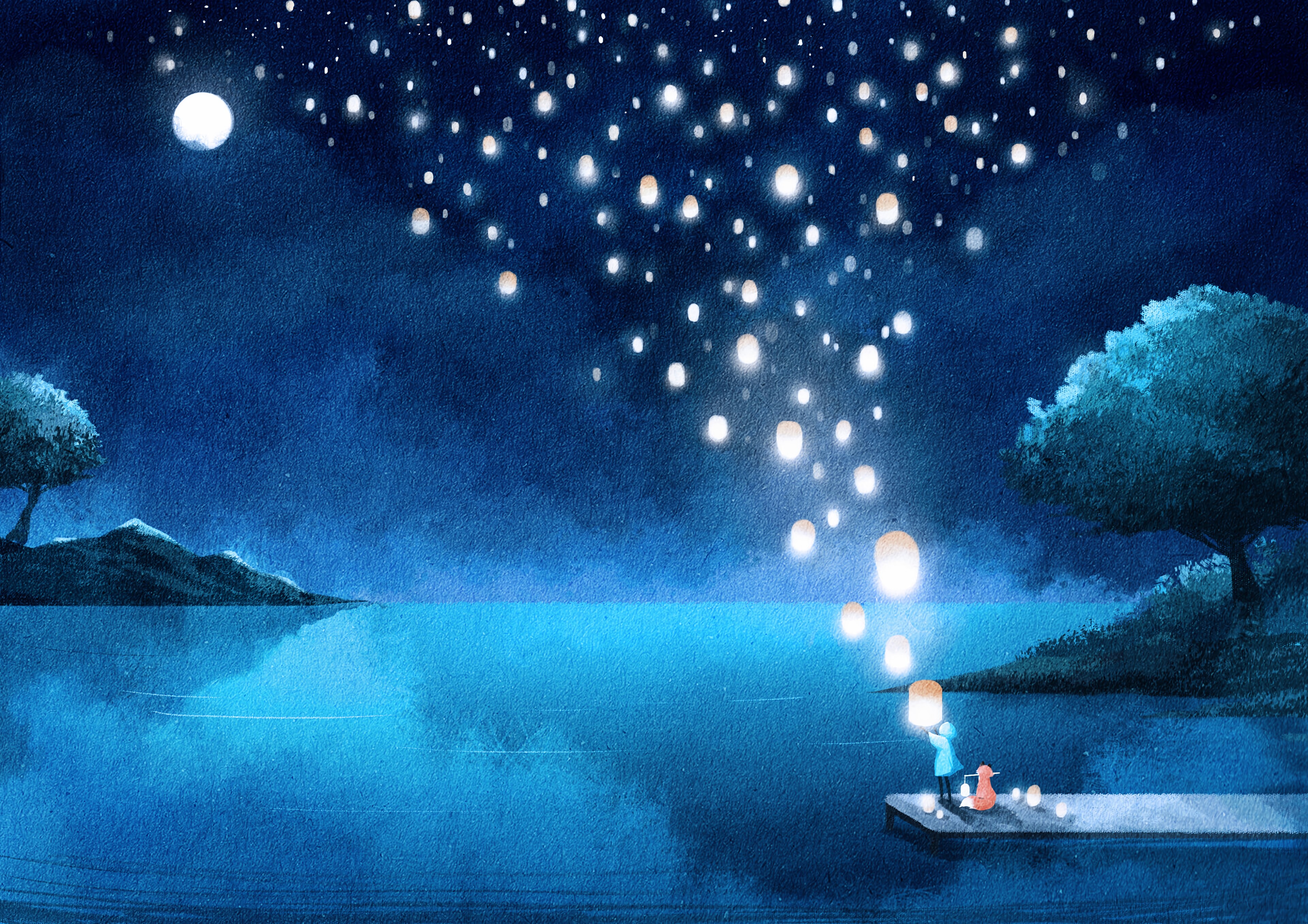 Download mobile wallpaper Lights, Lake, Lanterns, Night, Silhouette, Art for free.