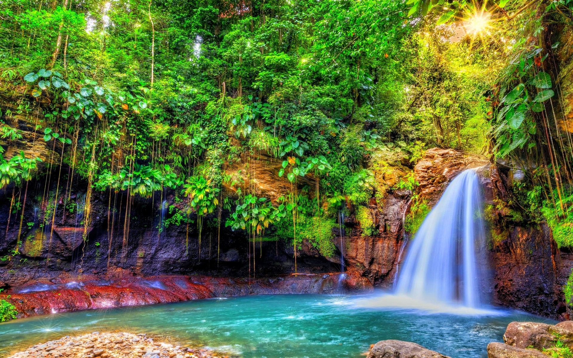 Free download wallpaper Waterfalls, Waterfall, Forest, Tree, Earth, Hdr on your PC desktop