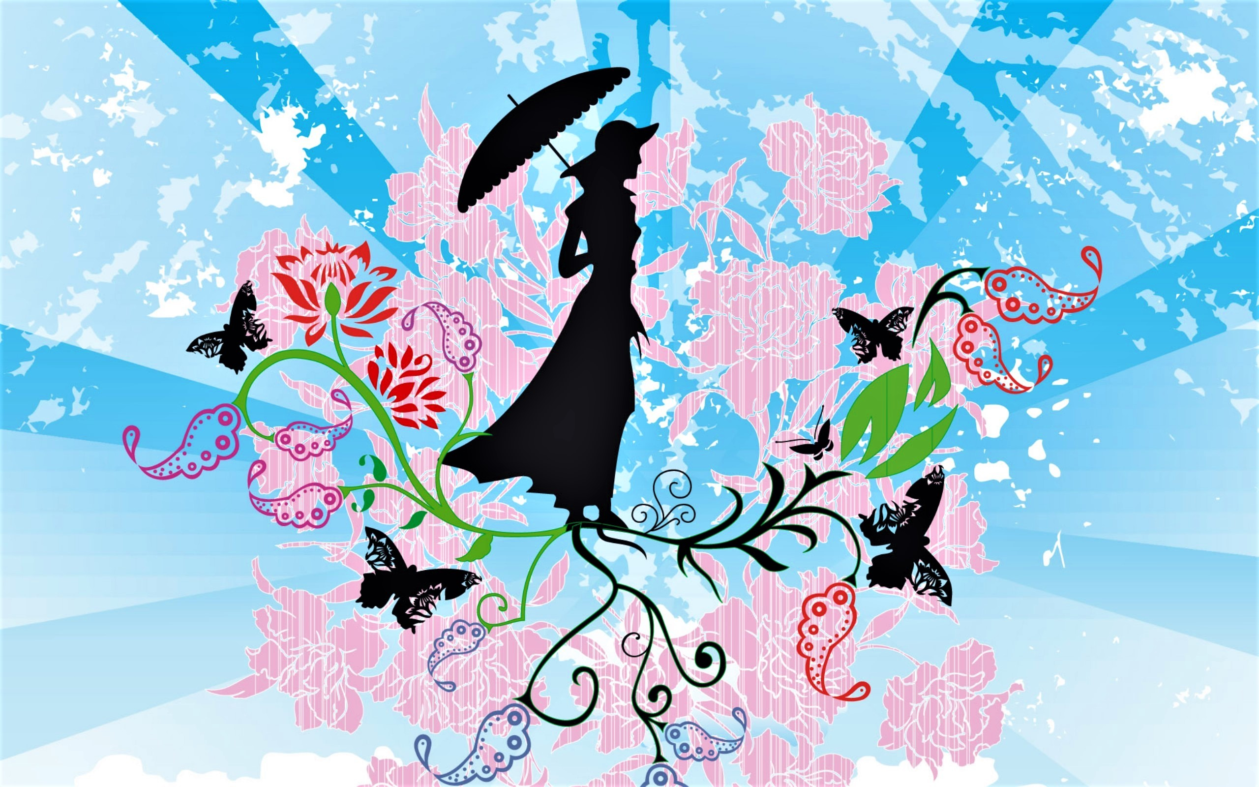 Download mobile wallpaper Abstract, Vector, Flower, Silhouette, Butterfly, Umbrella for free.