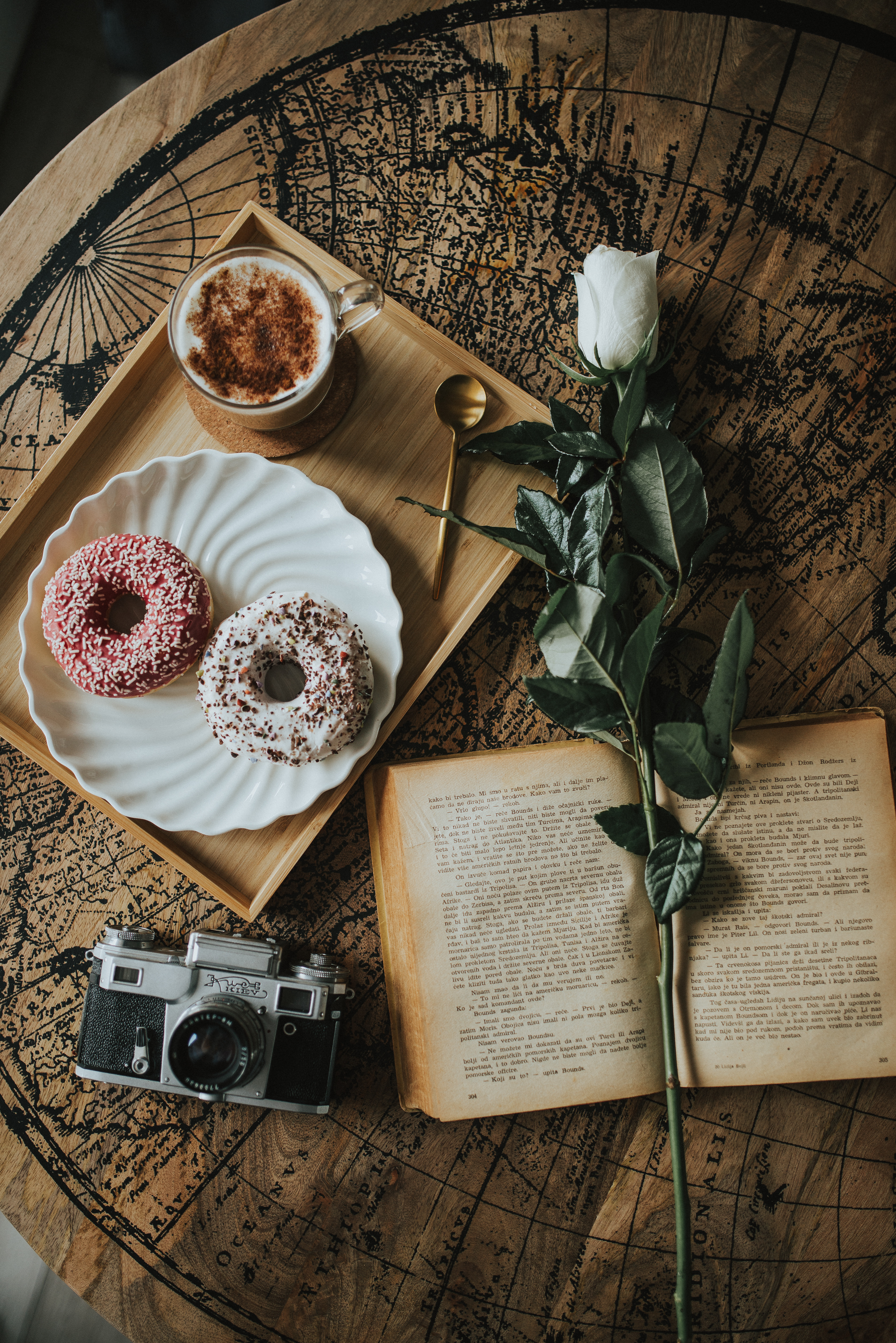 donuts, cup, coffee, flower, miscellanea, miscellaneous, book, camera