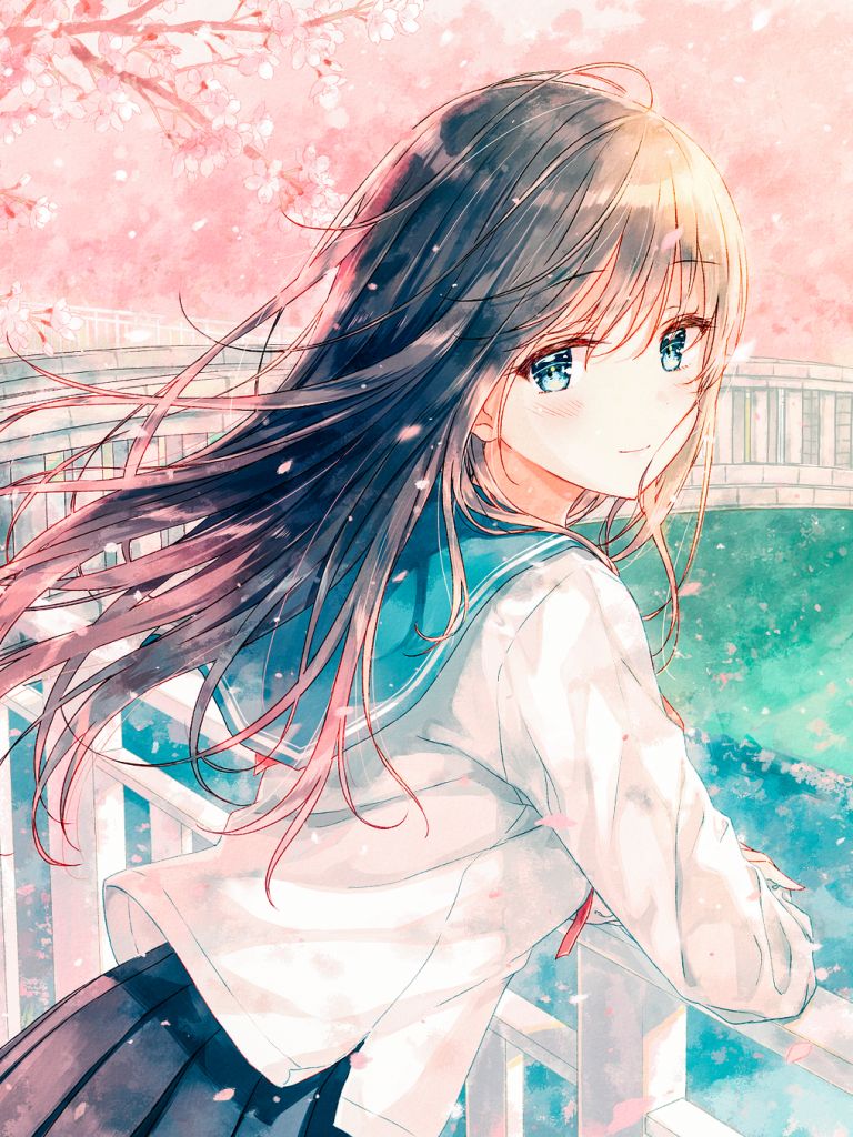 Download mobile wallpaper Anime, Girl, Spring, Petal, Blue Eyes, Blush, Blossom, School Uniform, Long Hair, Brown Hair for free.