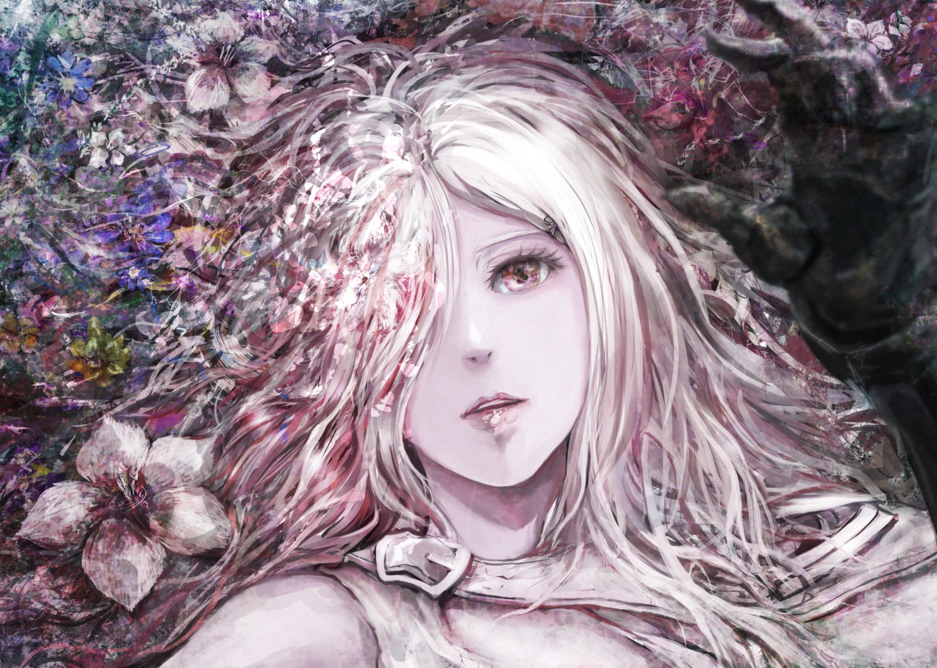 Download mobile wallpaper Anime, Flower, Original, Long Hair, White Hair, Pink Eyes for free.