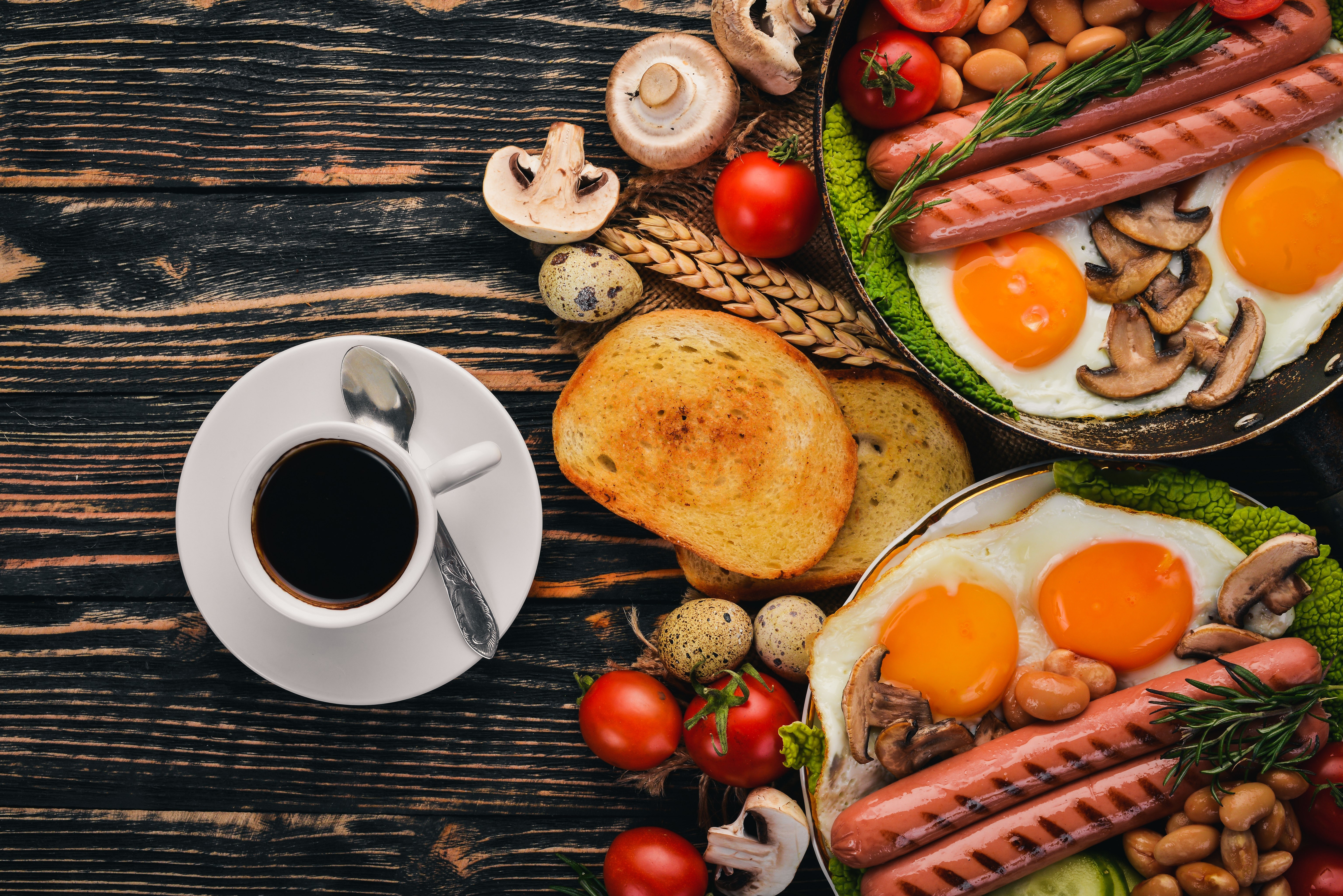 Download mobile wallpaper Food, Coffee, Still Life, Cup, Egg, Breakfast, Sausage for free.