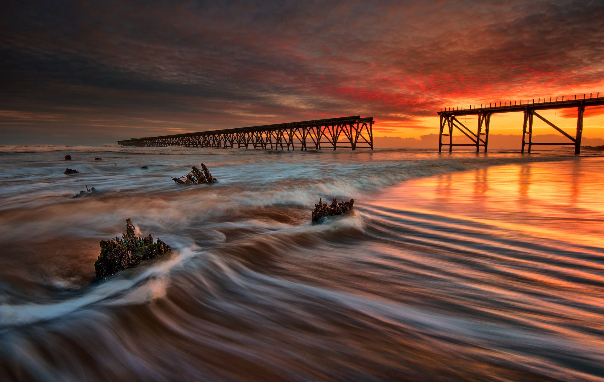 Download mobile wallpaper Sunset, Sea, Horizon, Pier, Ocean, Man Made for free.