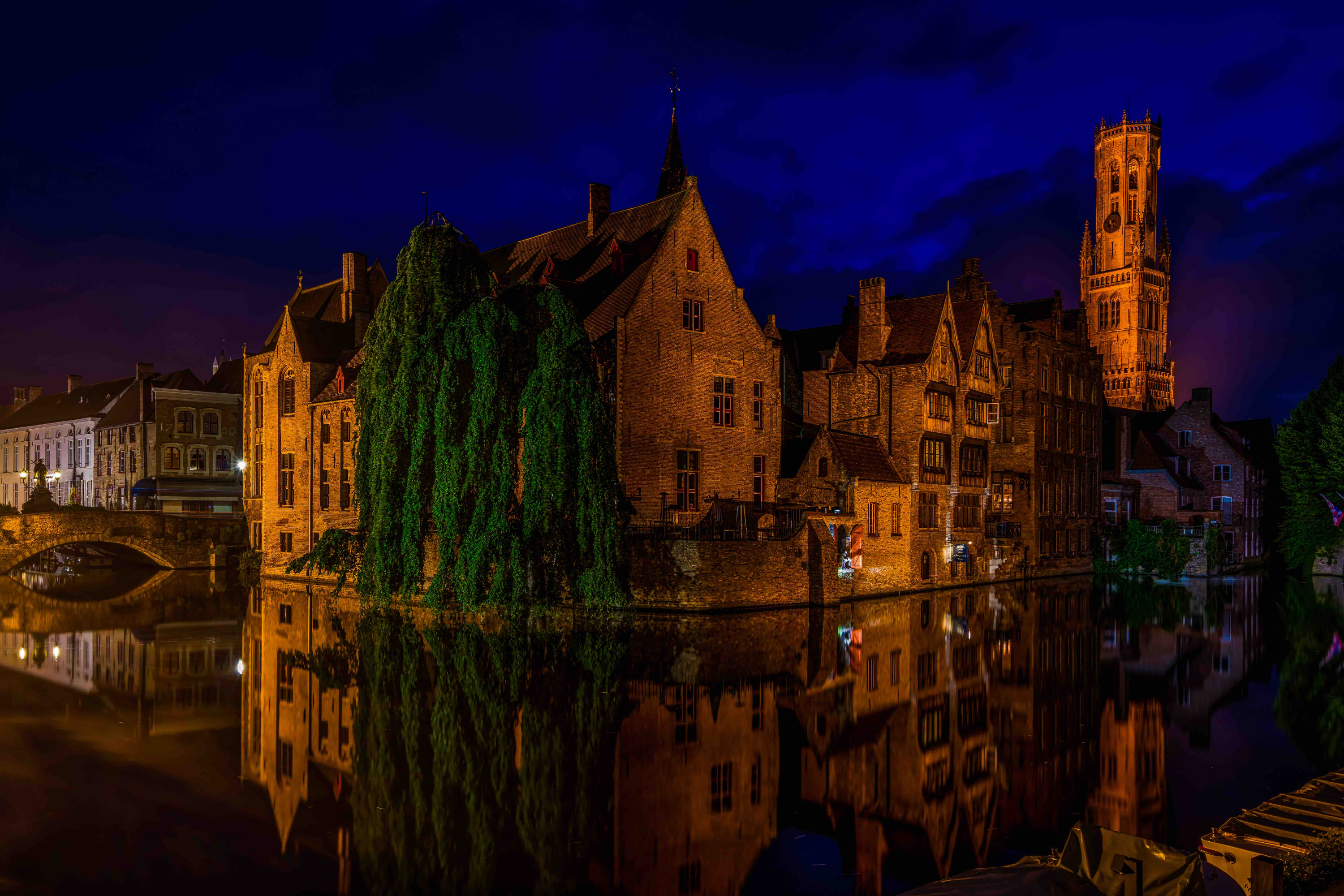 belgium, man made, bruges, building, canal, night, reflection, towns