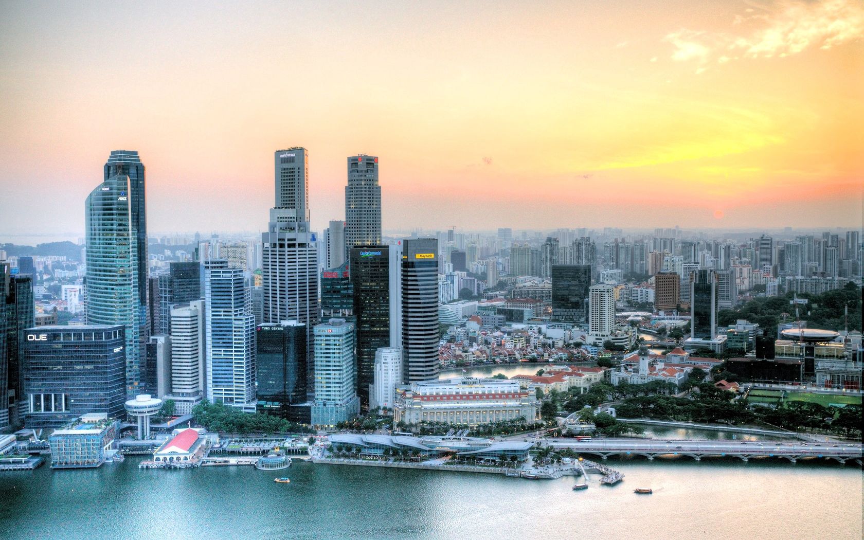 singapore, cities, sunset, skyscrapers, hdr
