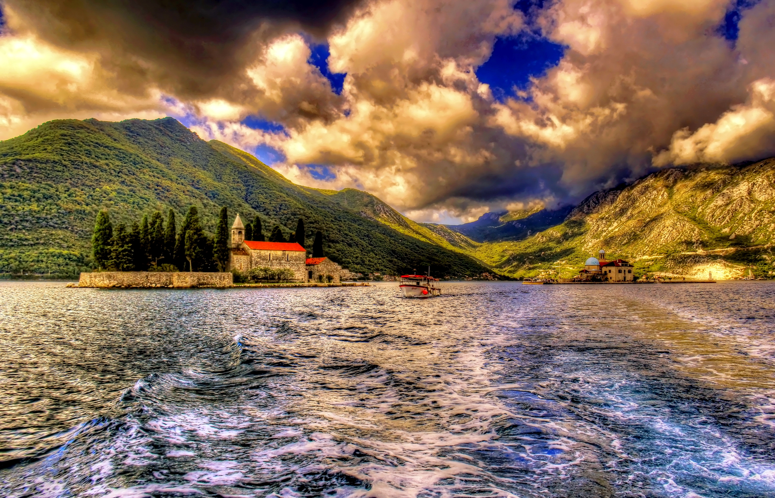 Free download wallpaper Sky, Mountain, Lake, Village, Boat, Hdr, Cloud, Man Made, Kloster on your PC desktop