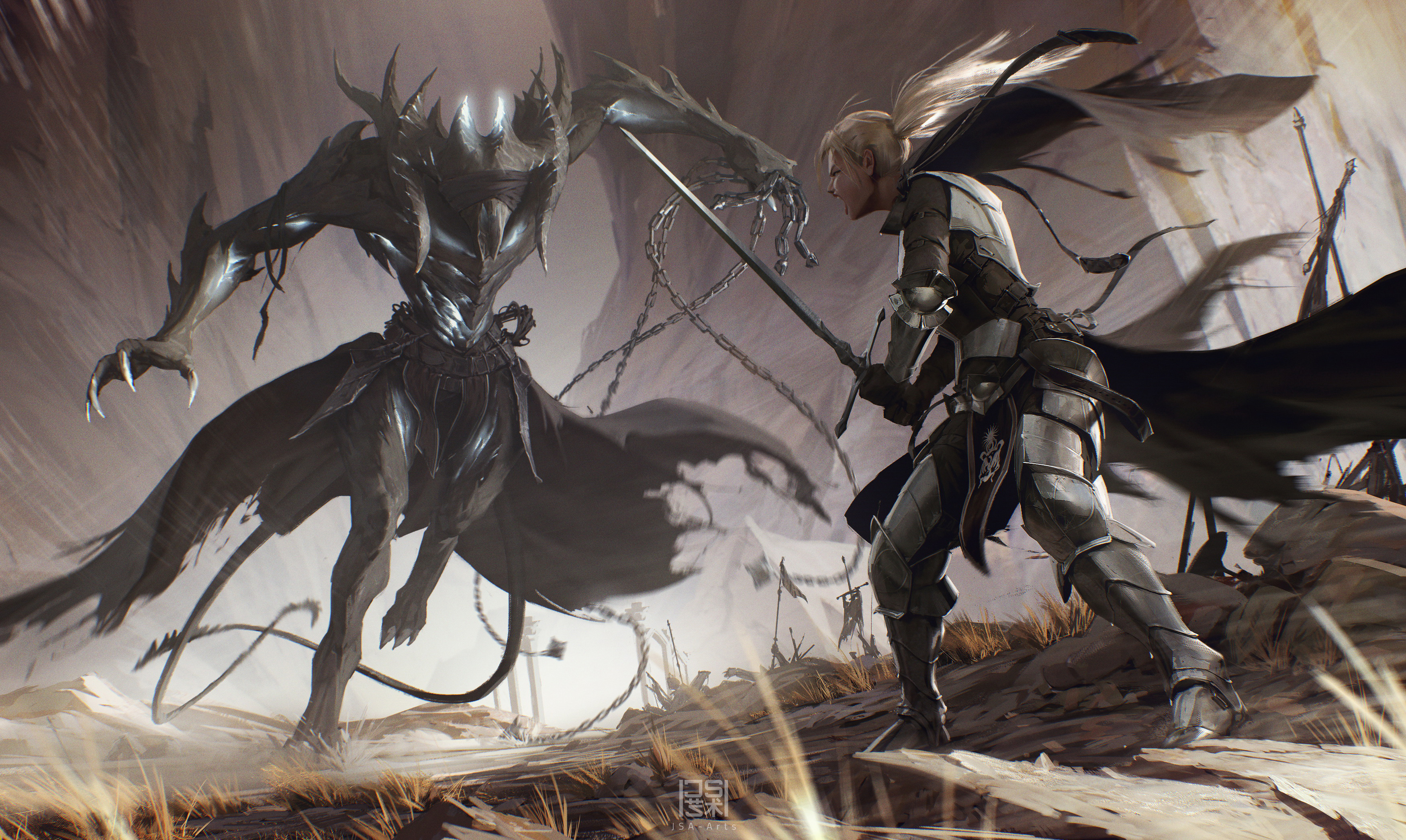 Free download wallpaper Fantasy, Creature, Blonde, Fight, Armor, Sword, Women Warrior, Woman Warrior on your PC desktop