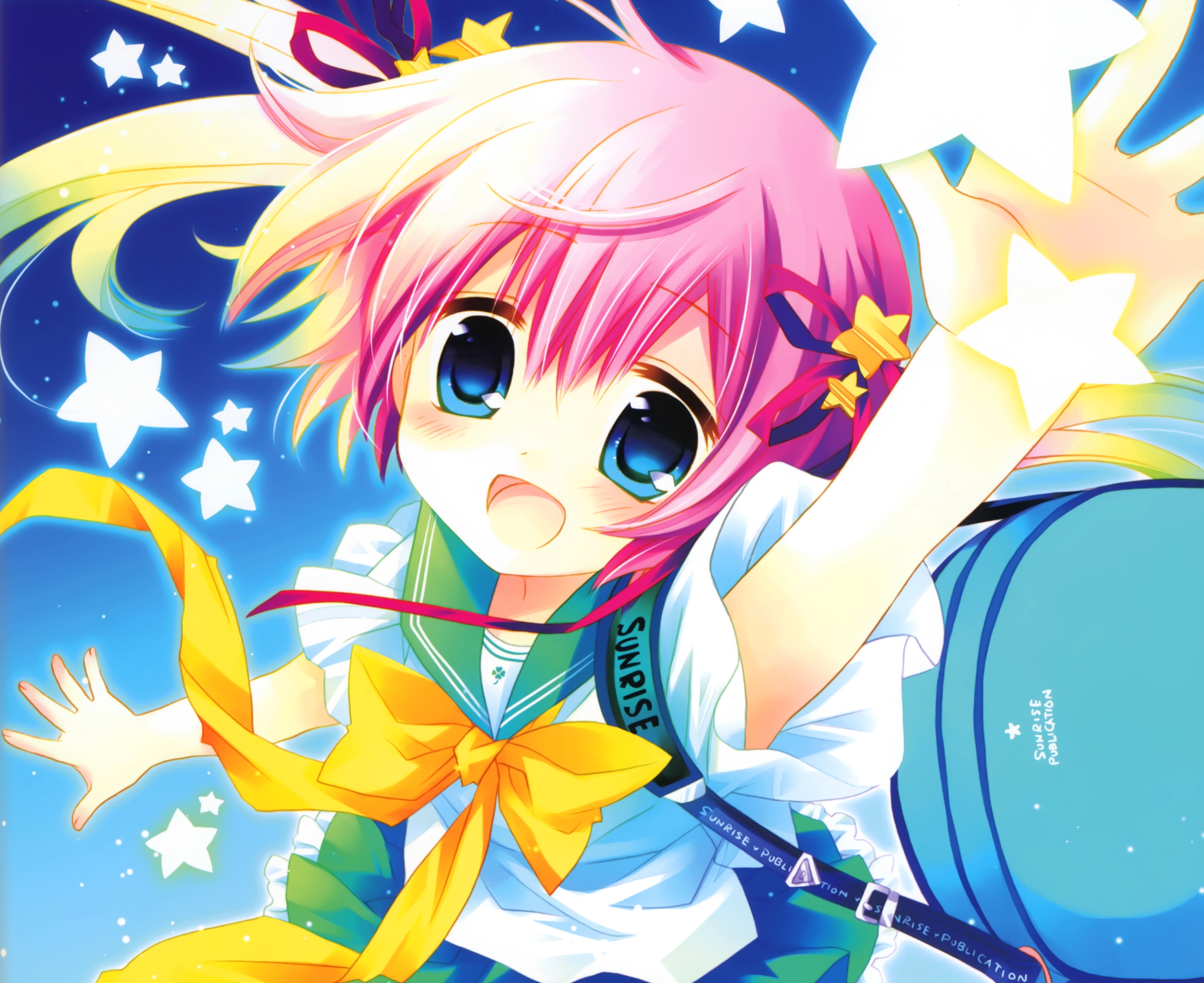 Free download wallpaper Anime, Stars, Smile, Blue Eyes, Original, Pink Hair, Blush, Long Hair, Twintails on your PC desktop