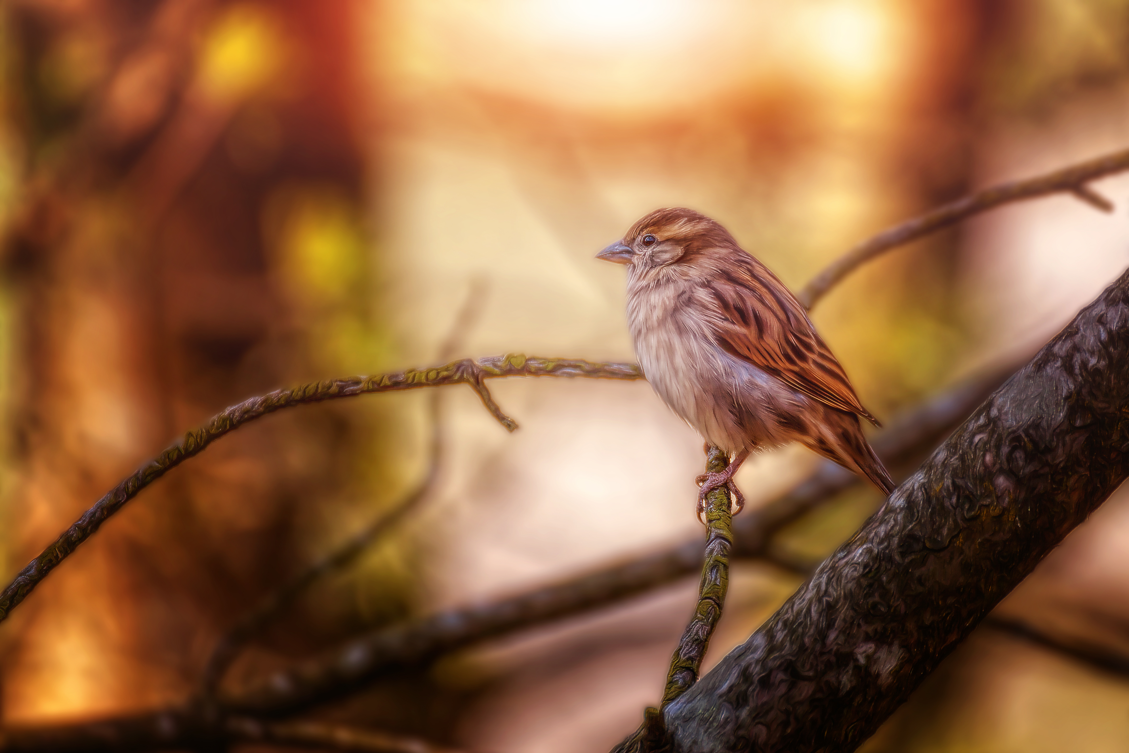 Download mobile wallpaper Birds, Bird, Sparrow, Blur, Branch, Animal for free.
