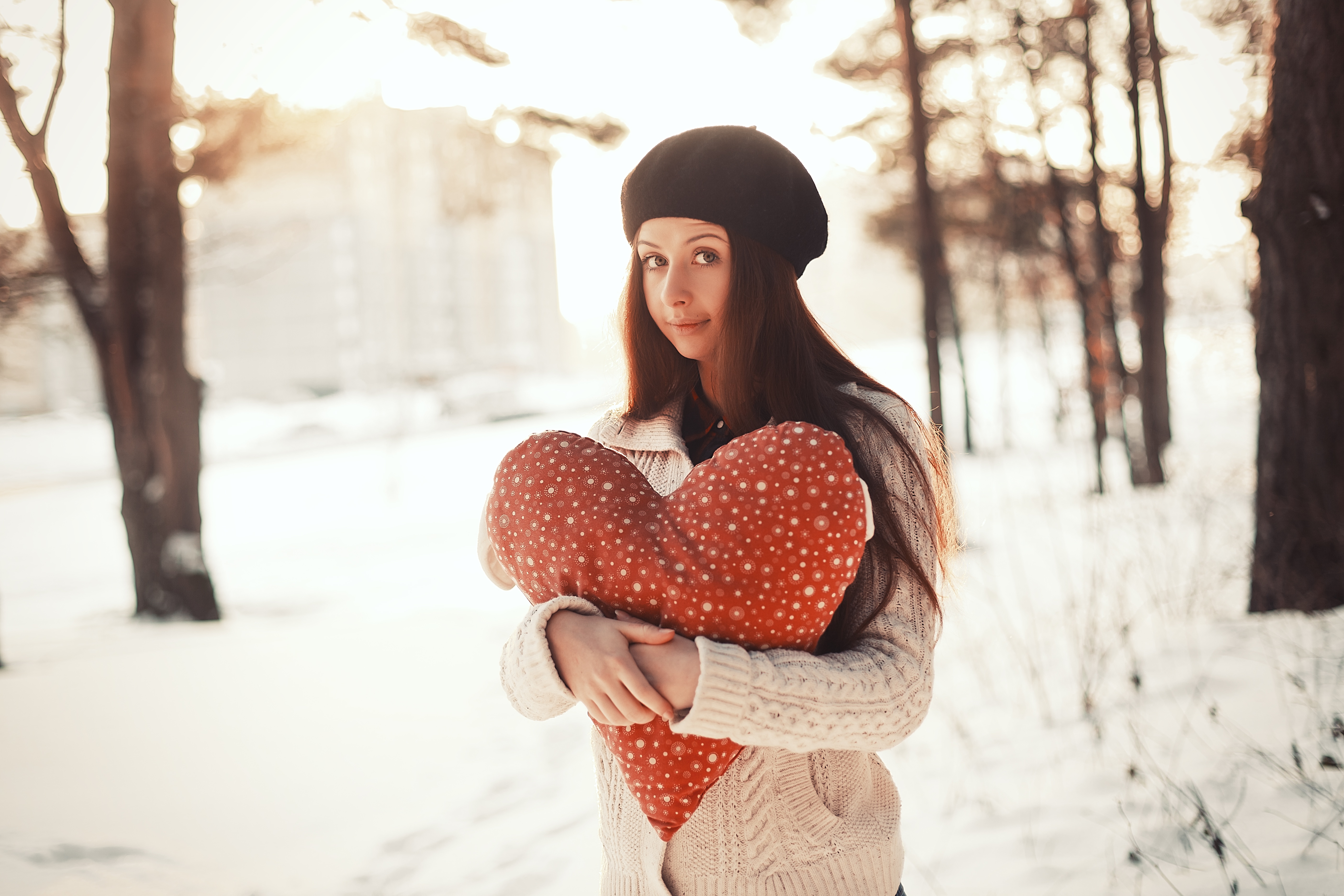 Download mobile wallpaper Winter, Hat, Brunette, Model, Women, Long Hair, Heart Shaped, Depth Of Field for free.