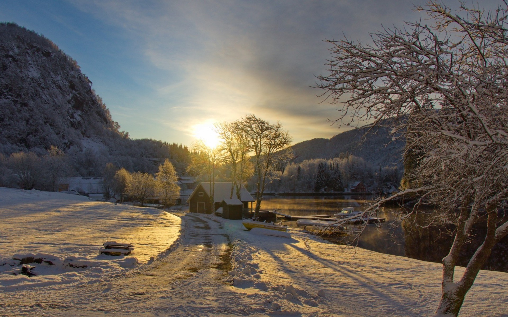 Laden Sie das Winter, See, Baum, Haus, Fotografie, Sonnenschein-Bild kostenlos auf Ihren PC-Desktop herunter