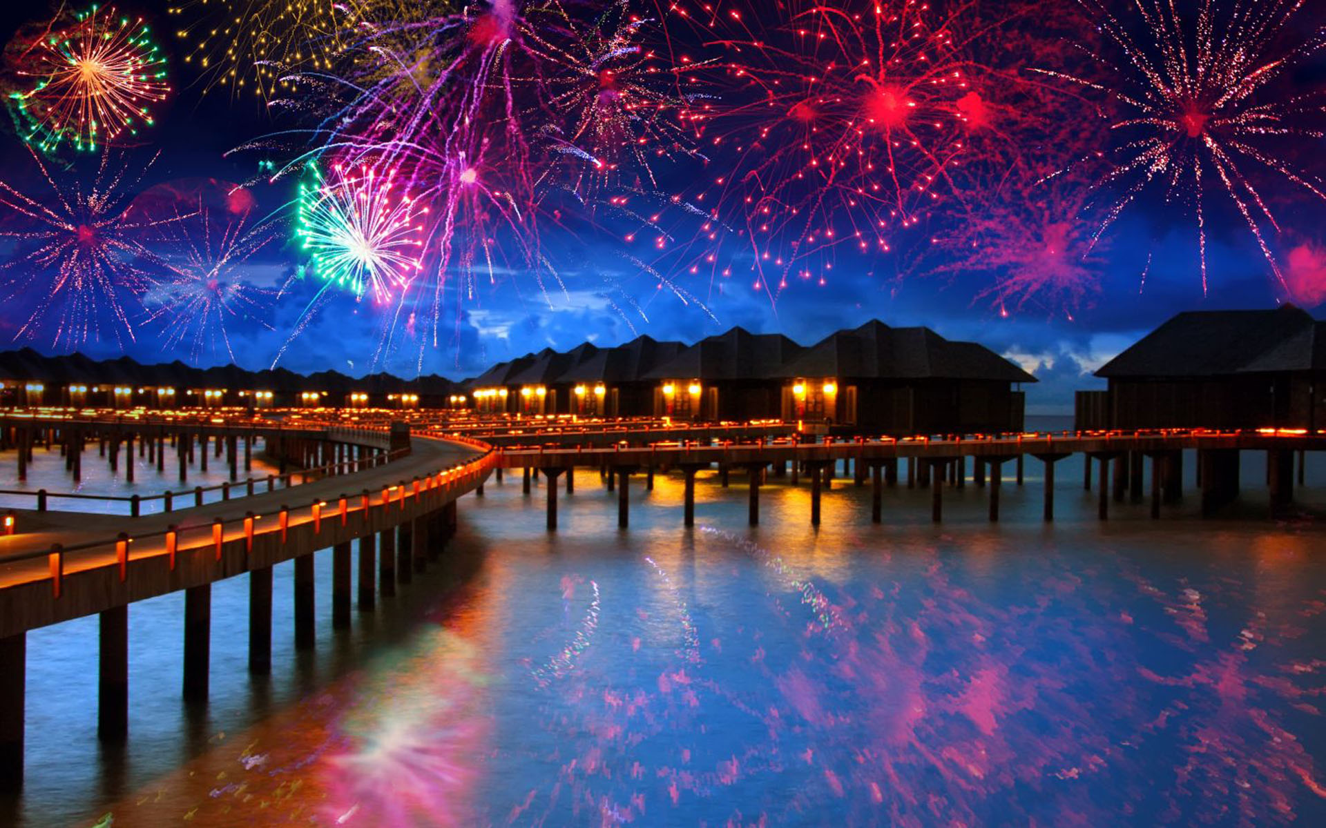 Download mobile wallpaper New Year, Night, Fireworks, Photography, Maldives for free.