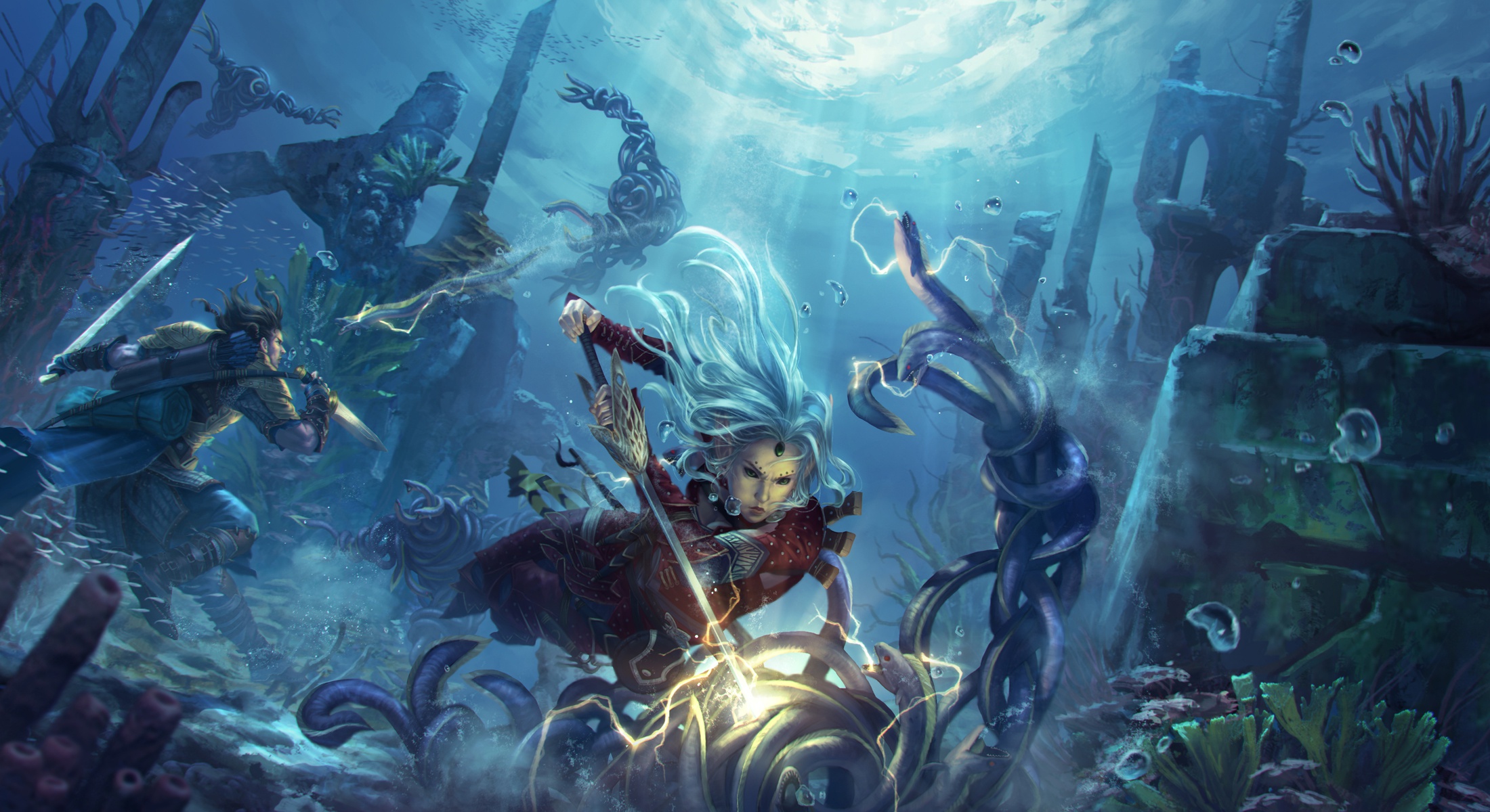 Free download wallpaper Fantasy, Warrior, Underwater, Sword, Blue Hair, Dagger, Woman Warrior on your PC desktop