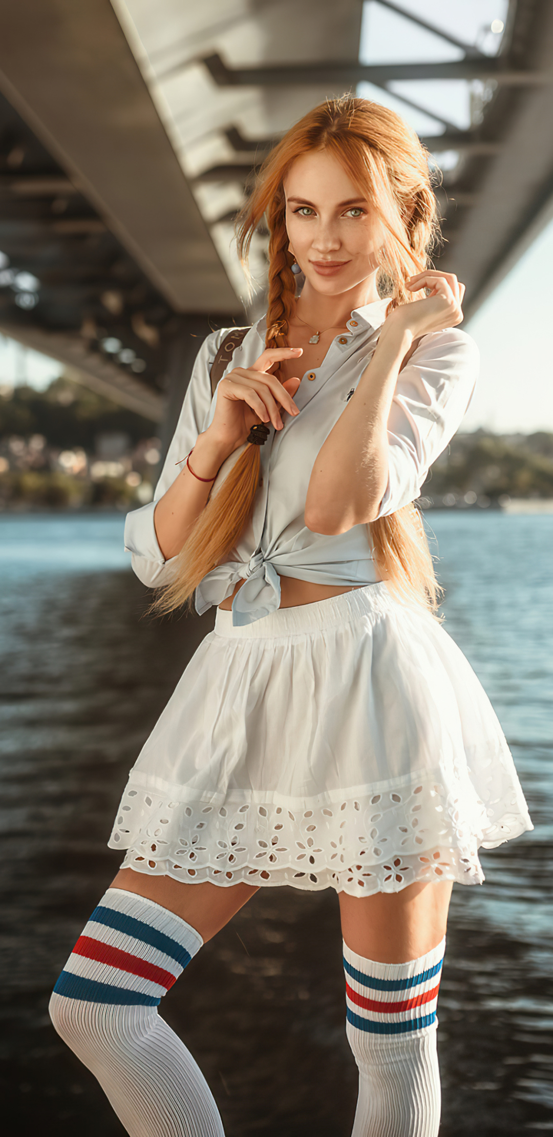 Download mobile wallpaper Redhead, Model, Skirt, Women, Braid, Depth Of Field for free.