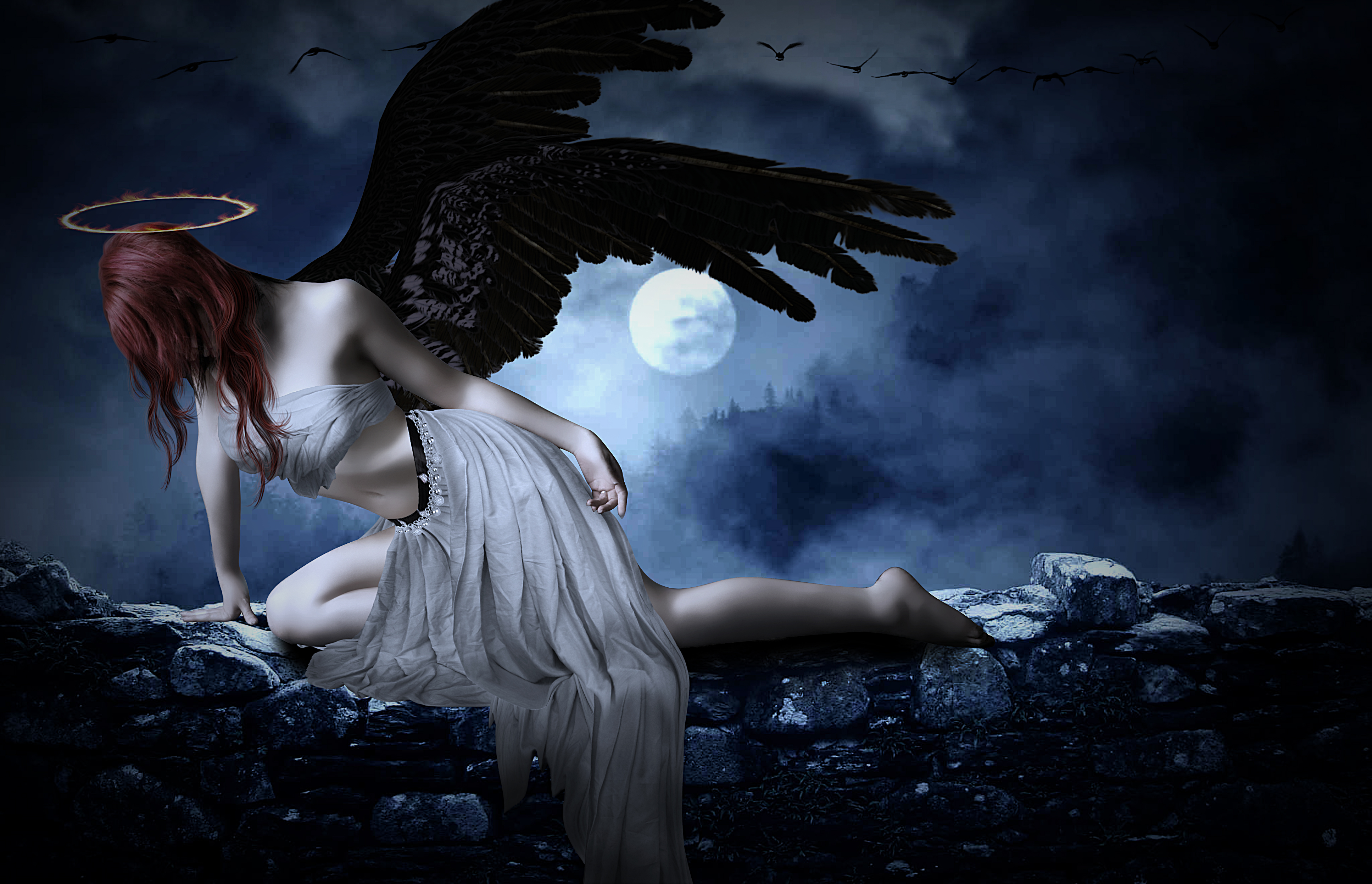 Free download wallpaper Fantasy, Gothic, Moon, Dark, Wings, Angel, Raven on your PC desktop
