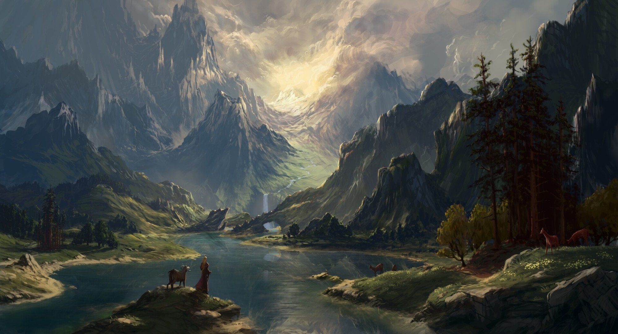 Download mobile wallpaper Landscape, Nature, Fantasy, Mountain, Lake for free.