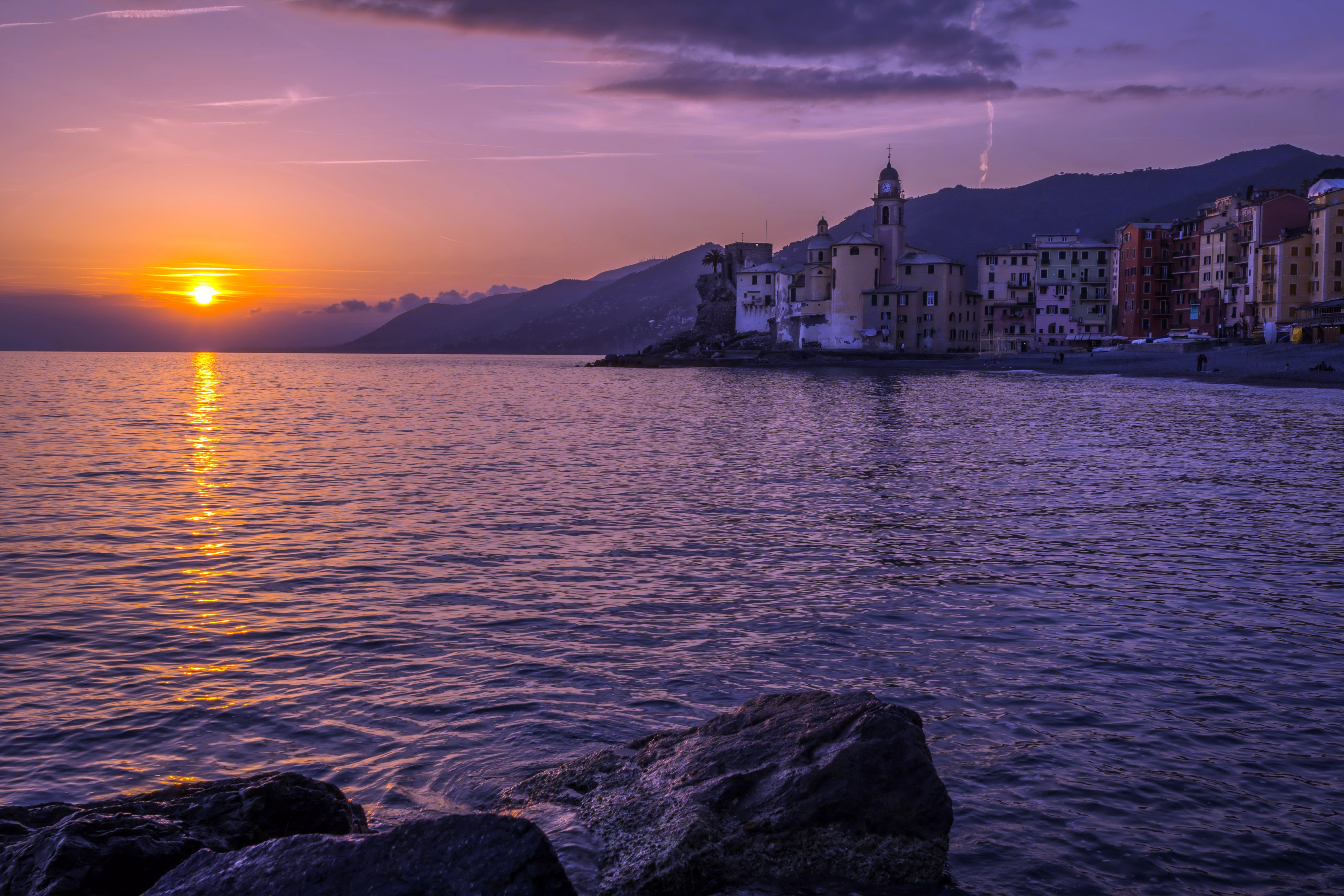 Download mobile wallpaper Sunset, Sea, Italy, Man Made, Liguria, Towns for free.