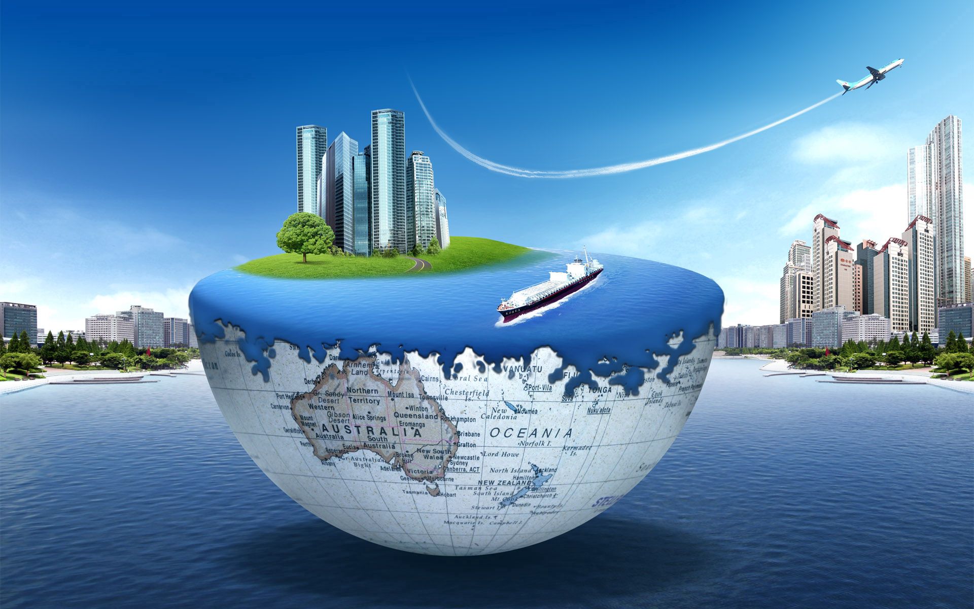 plane, graphics, vector, city, ocean, land, earth, airplane, ship, globe