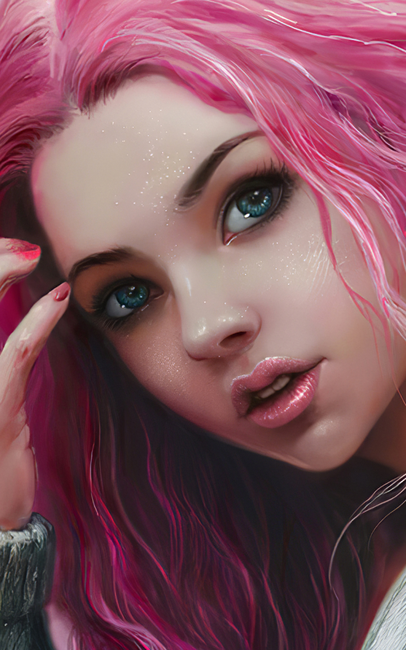 Download mobile wallpaper Artistic, Face, Women, Blue Eyes, Pink Hair for free.