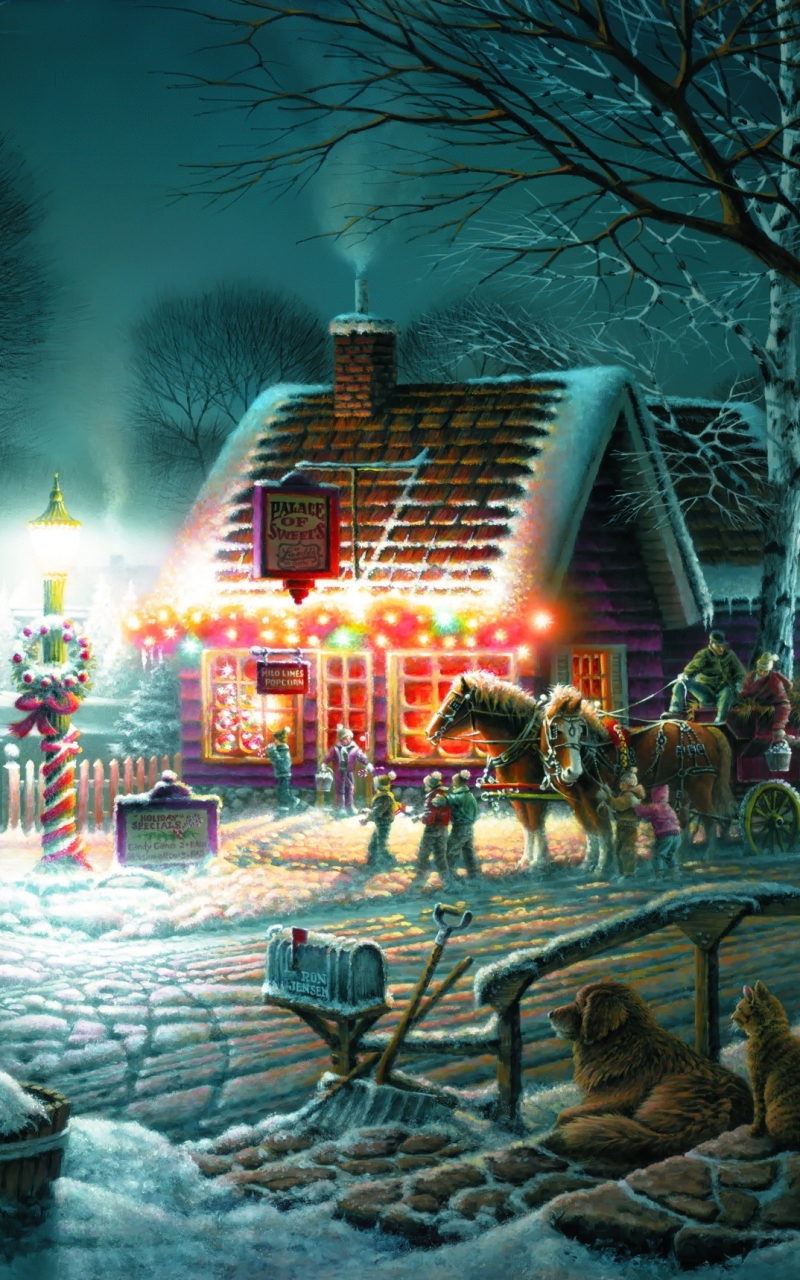 Download mobile wallpaper Snow, Light, Christmas, Holiday, House, Painting, Artistic for free.
