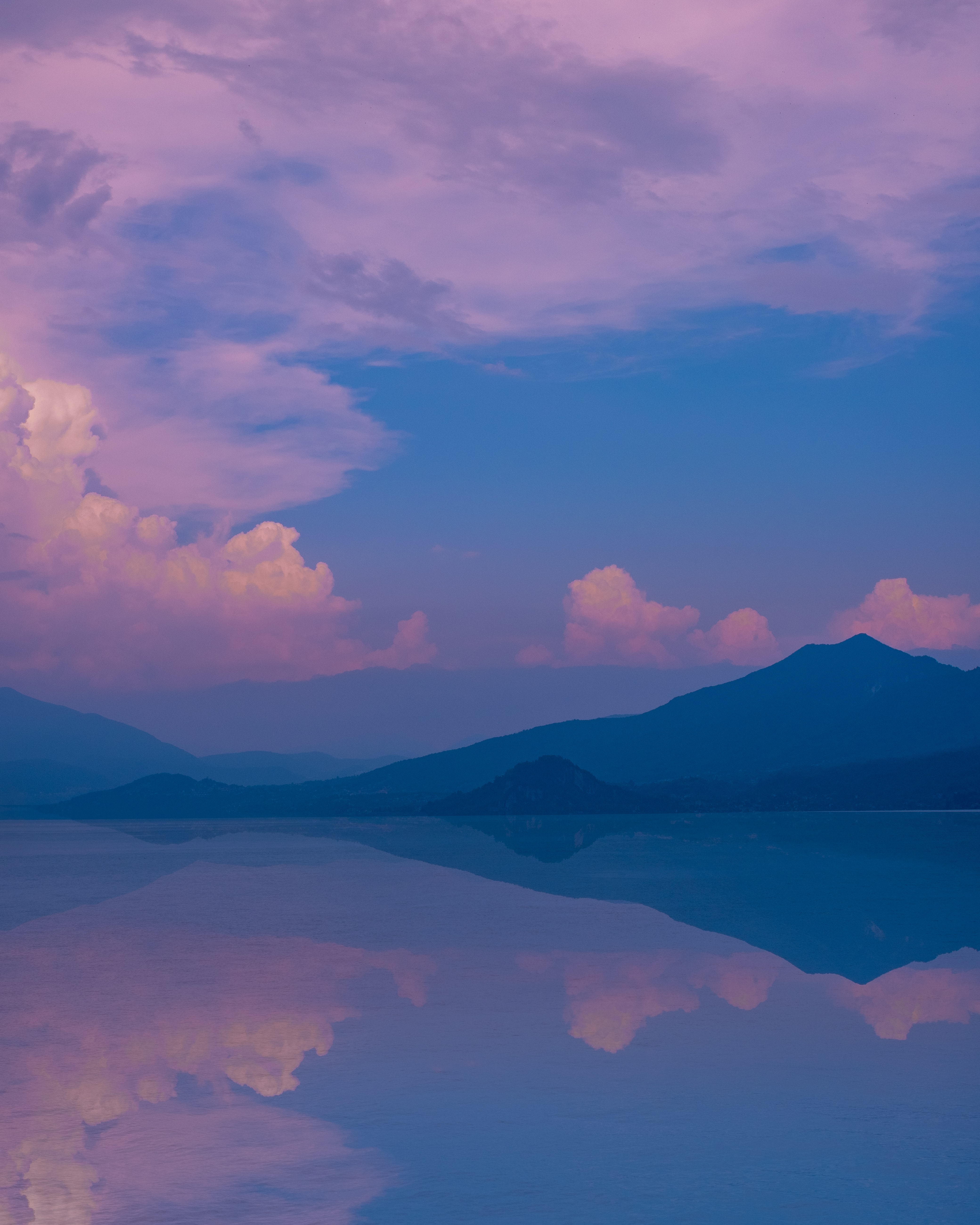 purple, violet, landscape, nature, mountains, clouds, lake, reflection