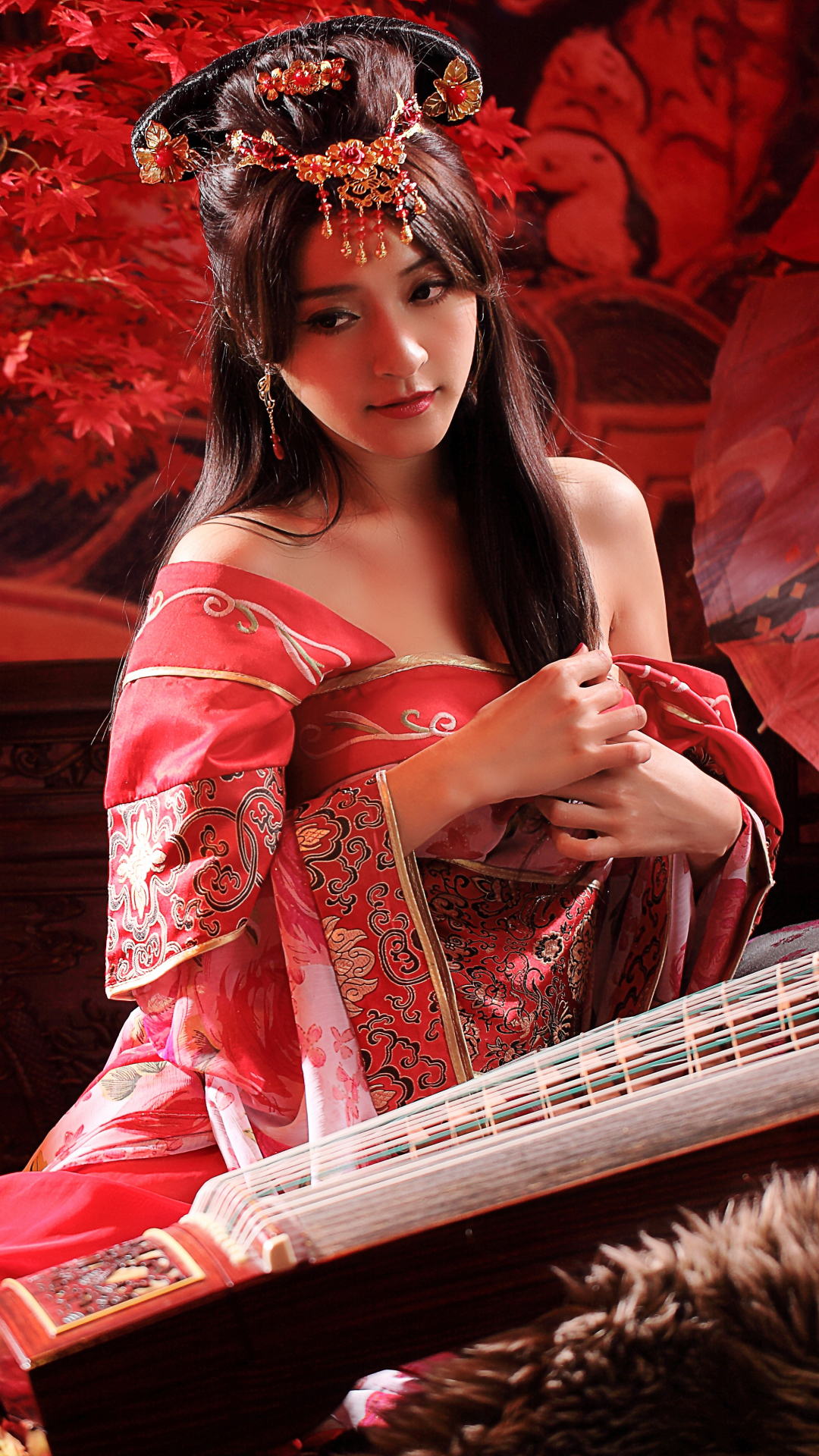 Download mobile wallpaper Rose, Lantern, Women, Asian, Instrument, Taiwanese, Traditional Costume, Hair Dress for free.