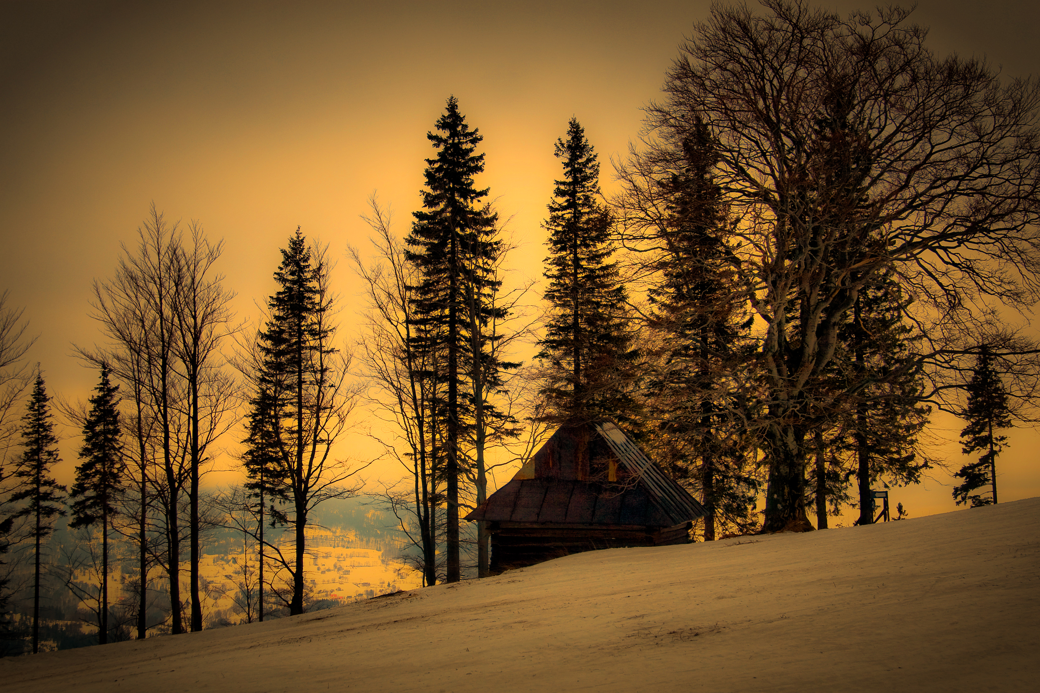 Download mobile wallpaper Twilight, Snow, Tree, House, Dusk, Cabin, Man Made for free.