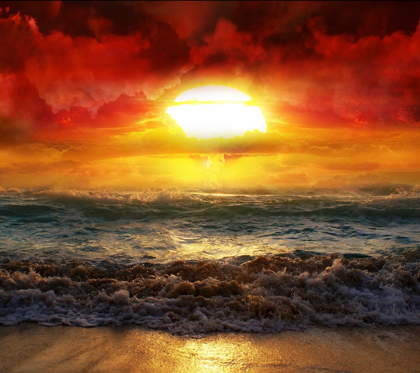 Download mobile wallpaper Sunset, Sun, Beach, Ocean, Wave, Photography, Manipulation for free.