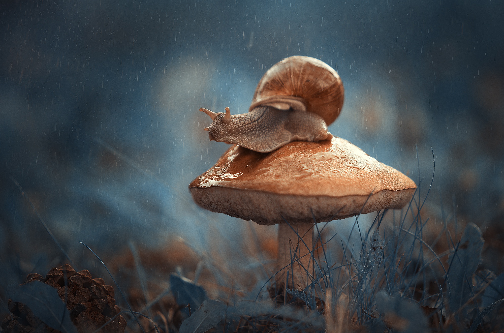 Download mobile wallpaper Rain, Macro, Fall, Animal, Mushroom, Snail for free.