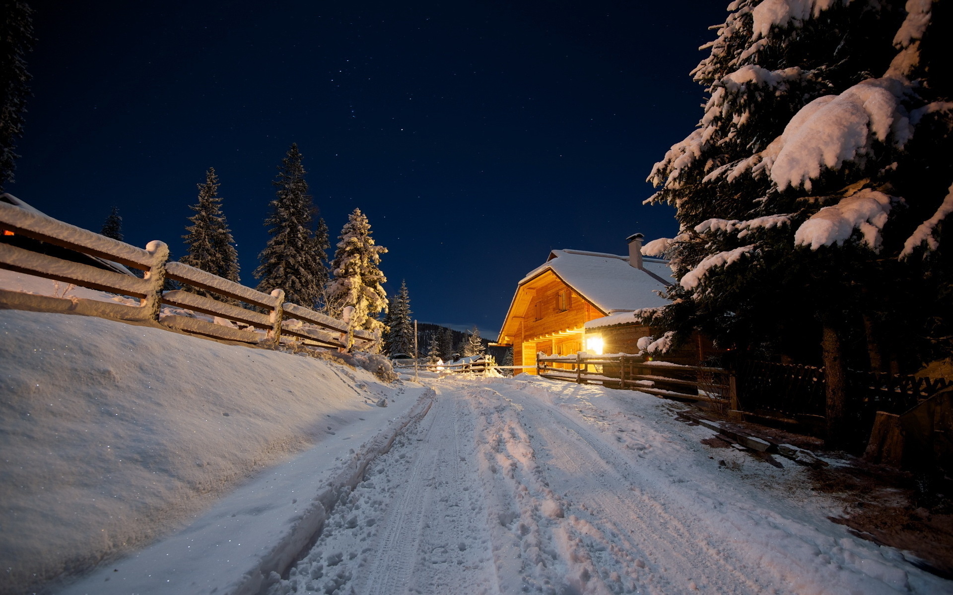 PCデスクトップに冬, 木, ナイト, 雪, 家, 風景画像を無料でダウンロード