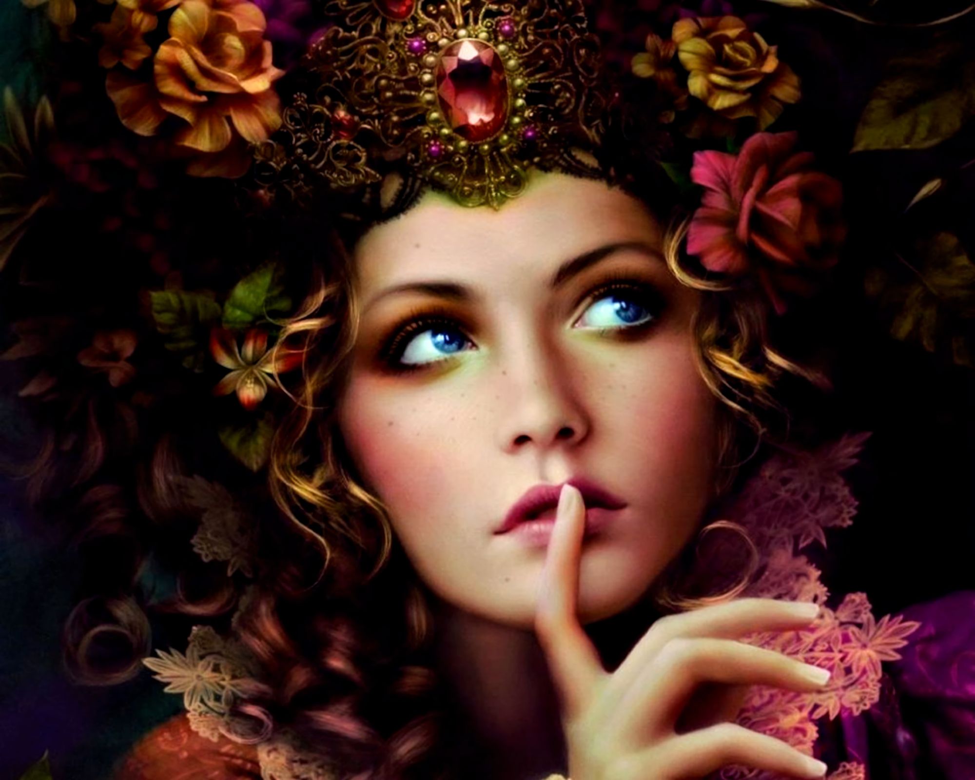 Free download wallpaper Fantasy, Jewelry, Flower, Women, Blue Eyes on your PC desktop