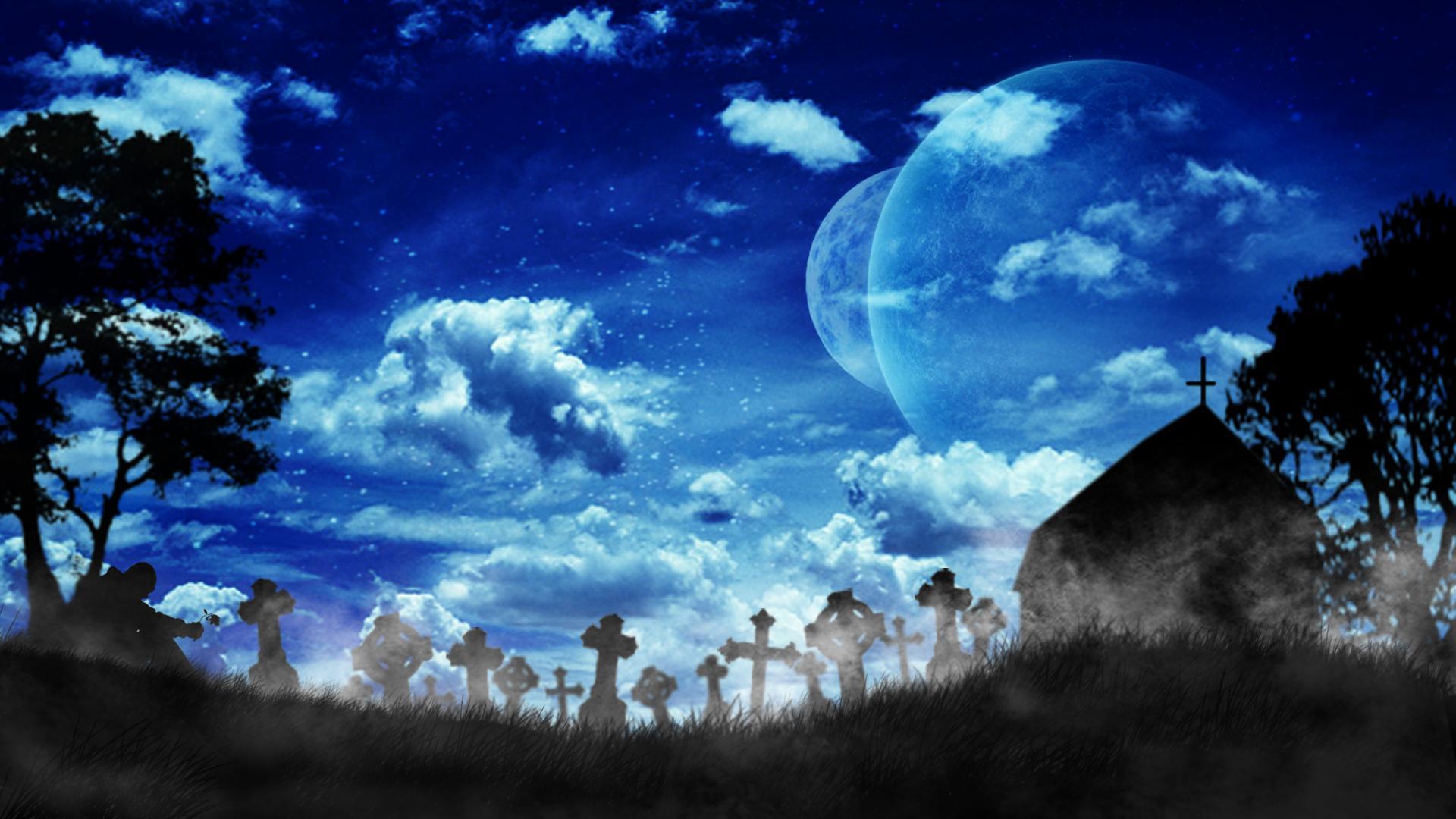dark, cemetery, blue, church, cloud, cross, fantasy, gravestone, planet, silhouette, stars, tree