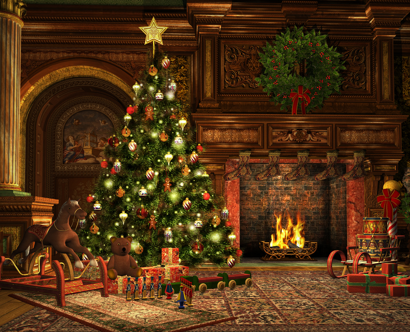 Laden Sie das Feiertage, Weihnachten, Weihnachtsbaum, Kranz, Kamin-Bild kostenlos auf Ihren PC-Desktop herunter