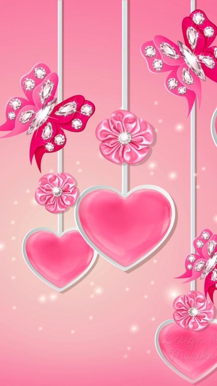Скачати мобільні шпалери Квітка, Метелик, Рожевий, Серце, Художній, Горний Кришталь безкоштовно.
