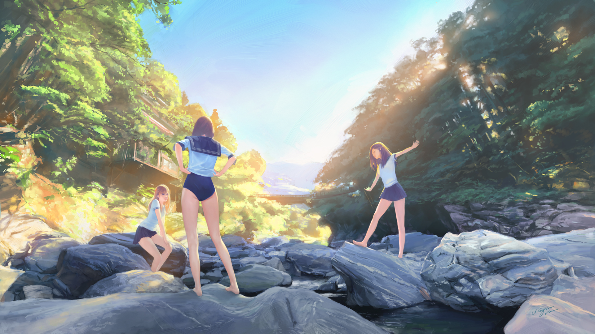 Free download wallpaper Anime, Nature, Sunlight, River, Uniform, Skirt, Original, Swimsuit, Barefoot on your PC desktop