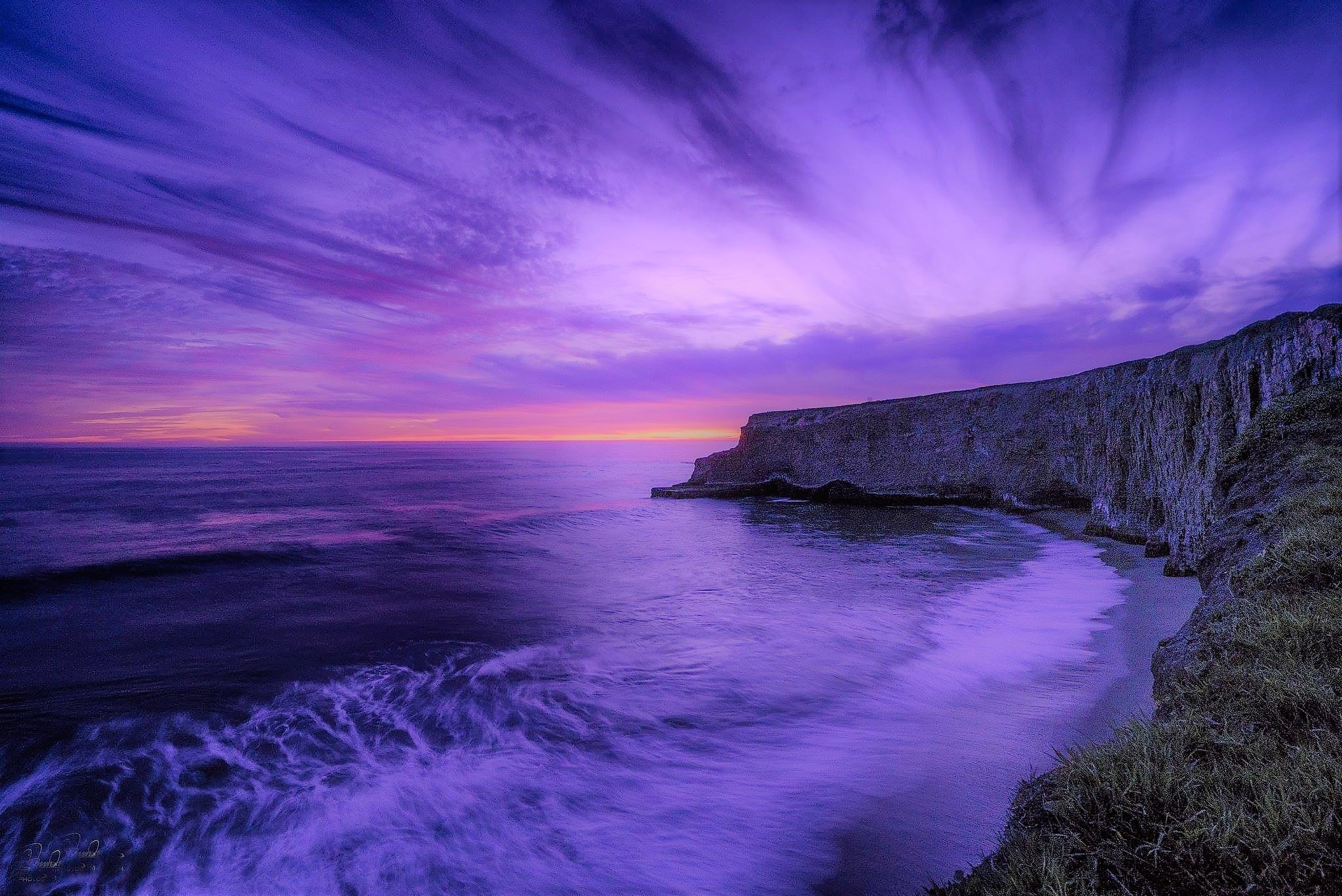 Free download wallpaper Sunset, Sky, Sea, Horizon, Coast, Ocean, Earth, Cliff, Purple, Coastline on your PC desktop