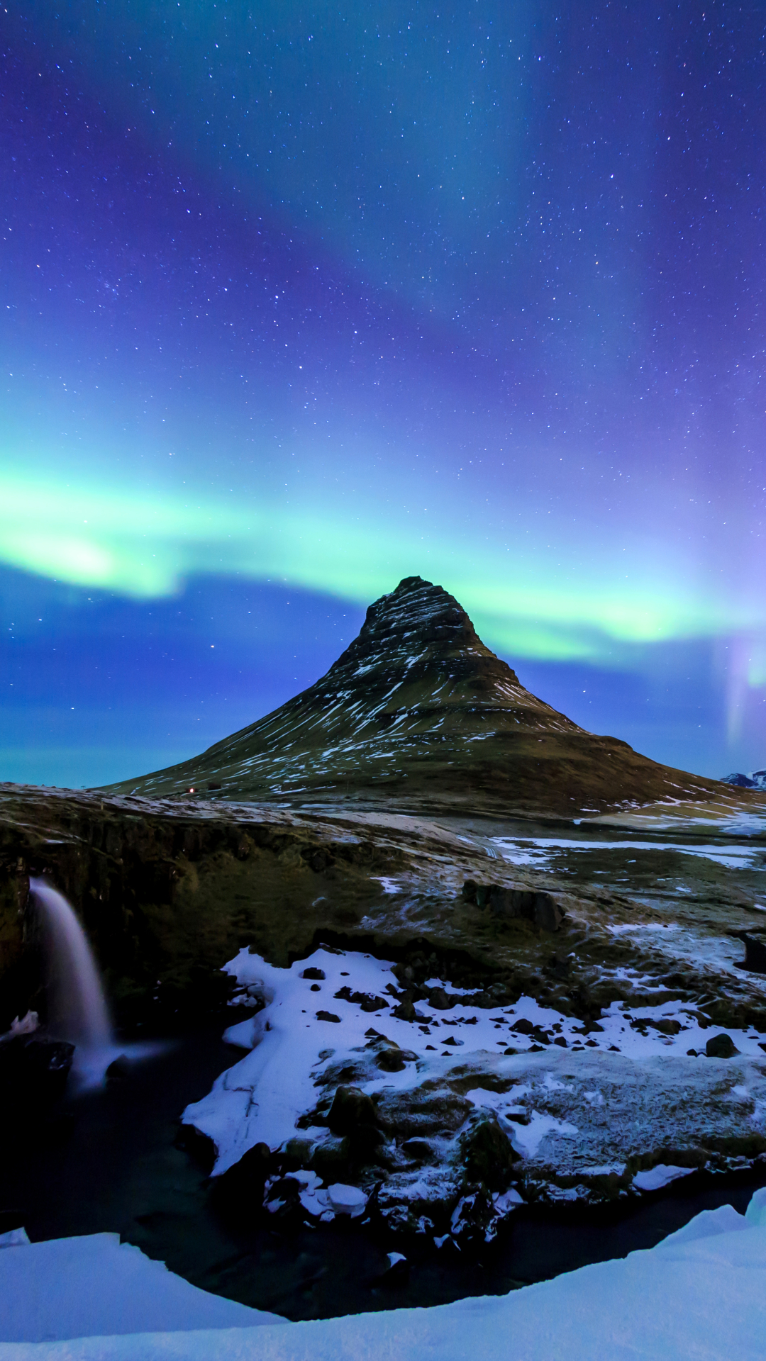 Download mobile wallpaper Winter, Snow, Mountain, Waterfall, Earth, Aurora Borealis, Iceland, Kirkjufell for free.