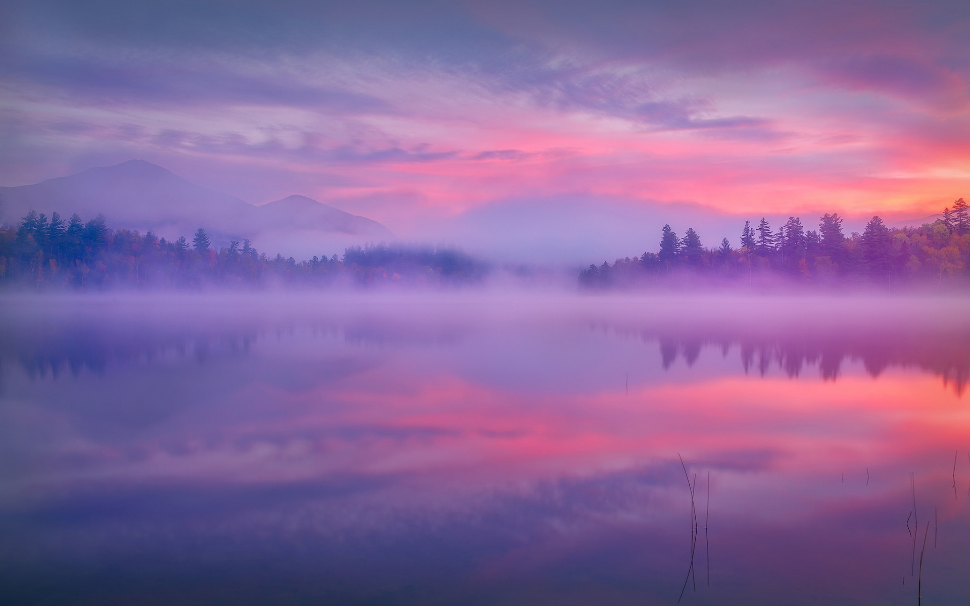 Download mobile wallpaper Dawn, Mountain, Lake, Reflection, Fog, Earth, Morning, Adirondack Park for free.