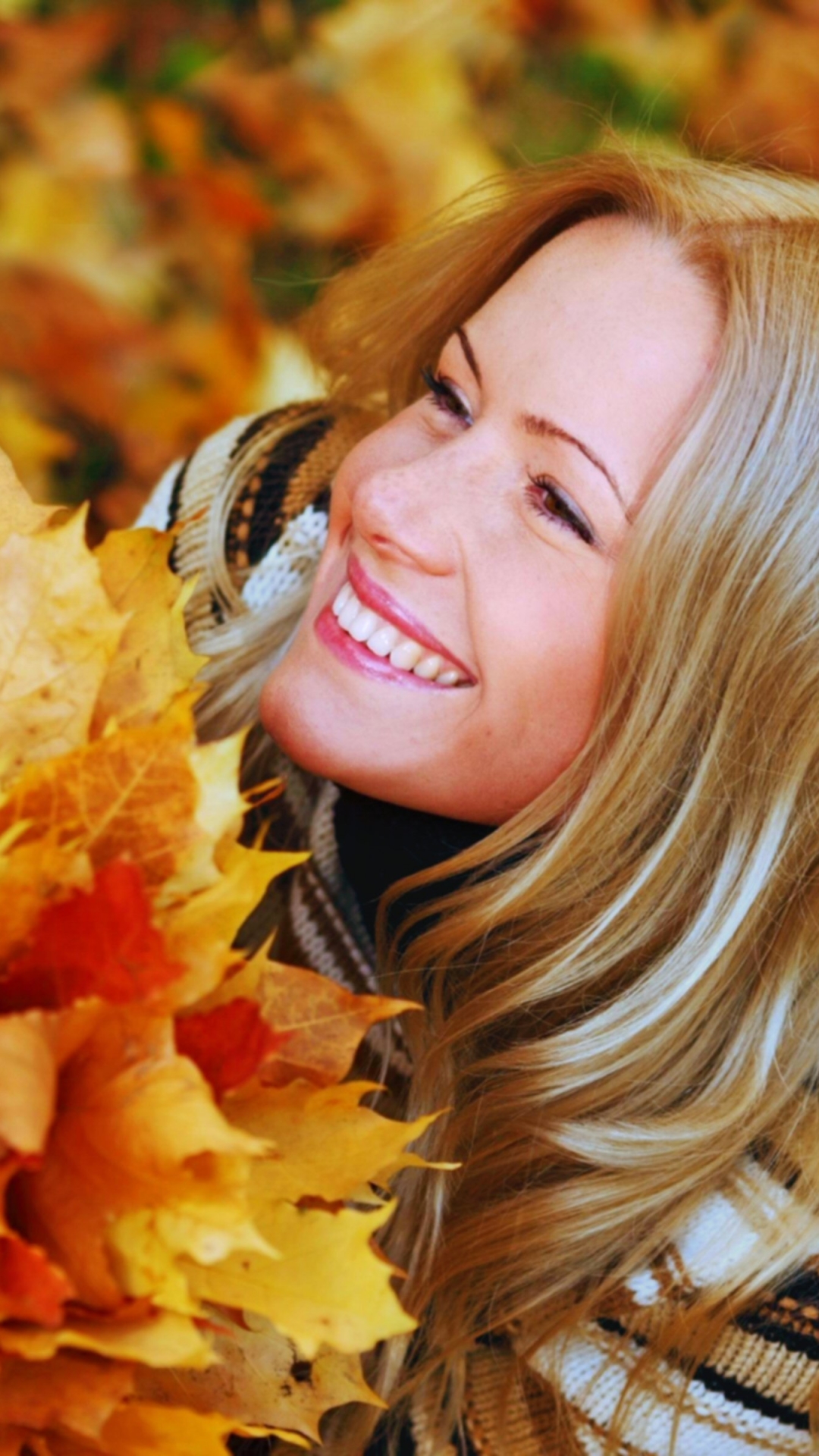 Download mobile wallpaper Beautiful, Leaf, Fall, Bouquet, Blonde, Women for free.