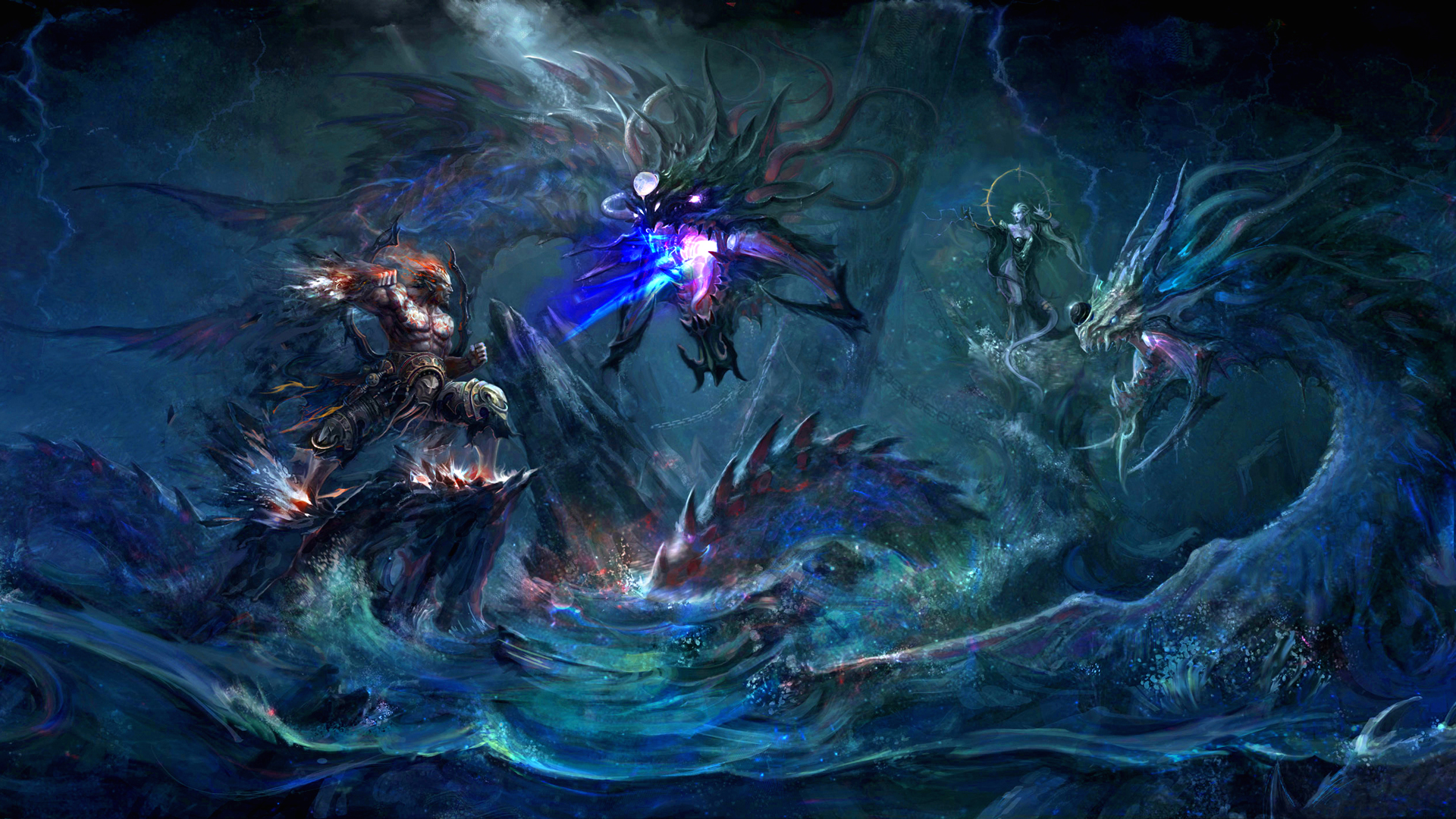 Download mobile wallpaper Fantasy, Battle, Sea Monster for free.