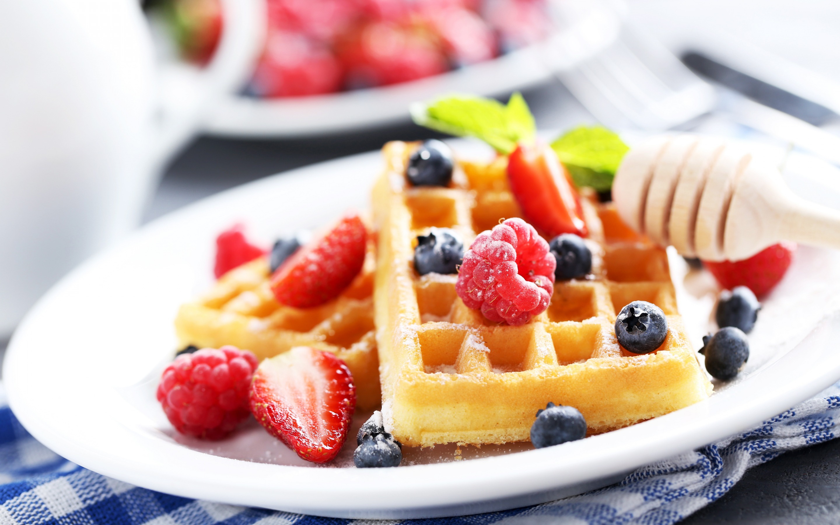 Download mobile wallpaper Food, Strawberry, Blueberry, Raspberry, Berry, Fruit, Waffle, Breakfast for free.