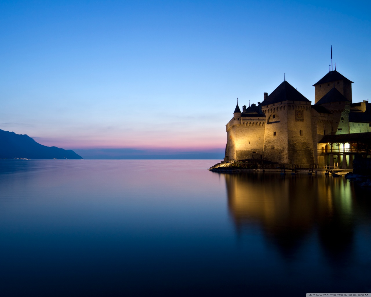 sunset, man made, château de chillon, castle, reflection, switzerland, veytaux