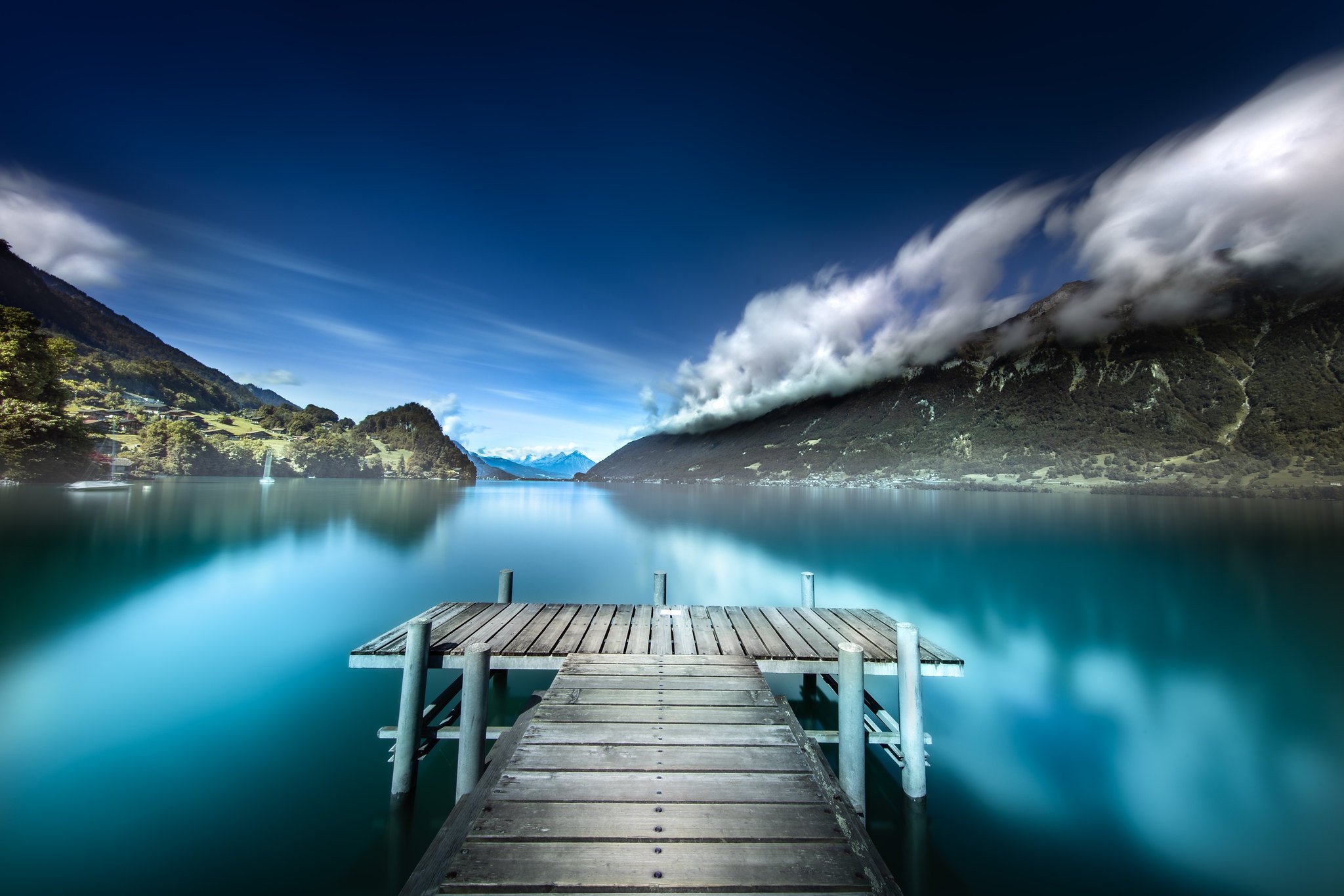 Free download wallpaper Sky, Mountain, Lake, Pier, Man Made on your PC desktop