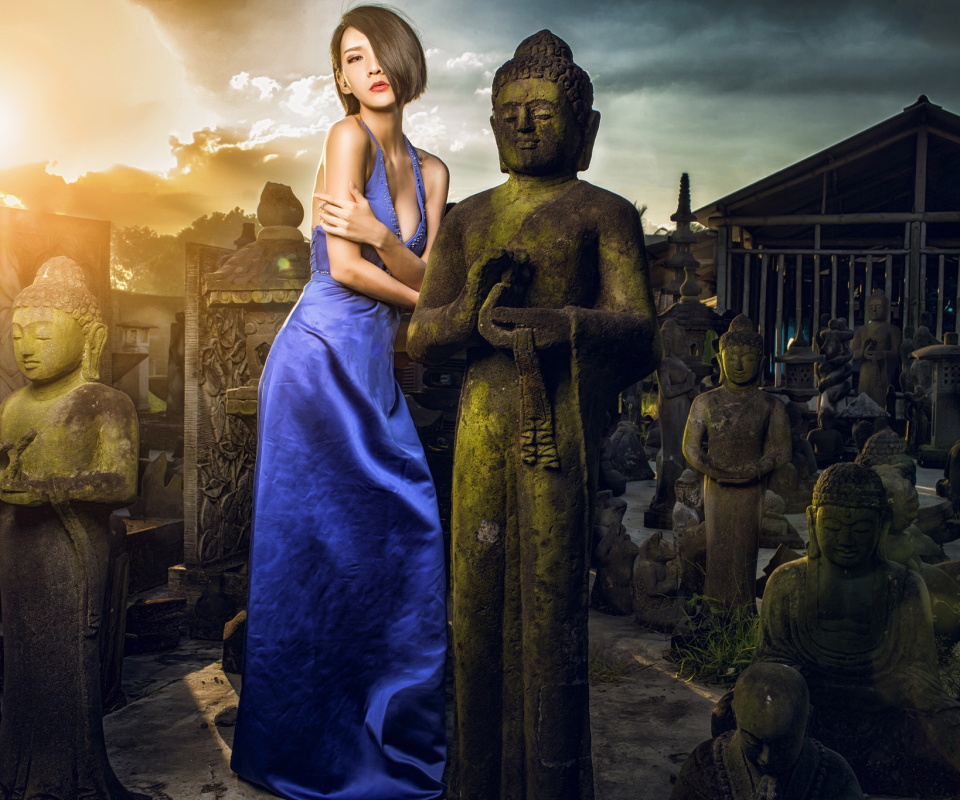 Laden Sie das Buddha, Statue, Brünette, Modell, Frauen, Asiatinnen, Blaues Kleid-Bild kostenlos auf Ihren PC-Desktop herunter