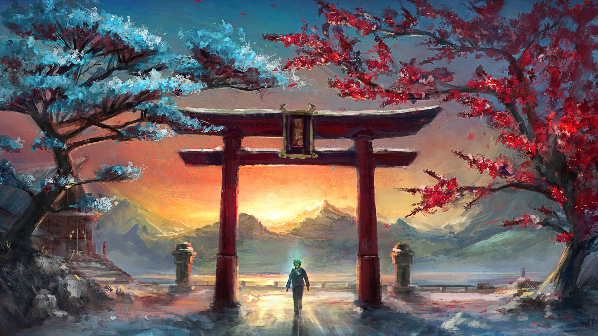 999938 télécharger l'image sakura, fantaisie, paysage, montagne, coucher de soleil, torii, arbre - fonds d'écran et économiseurs d'écran gratuits
