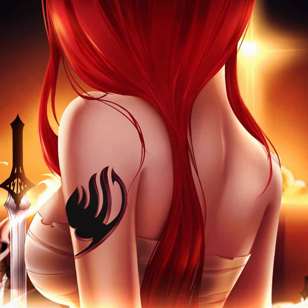 Download mobile wallpaper Anime, Tattoo, Long Hair, Red Hair, Woman Warrior, Fairy Tail, Erza Scarlet for free.